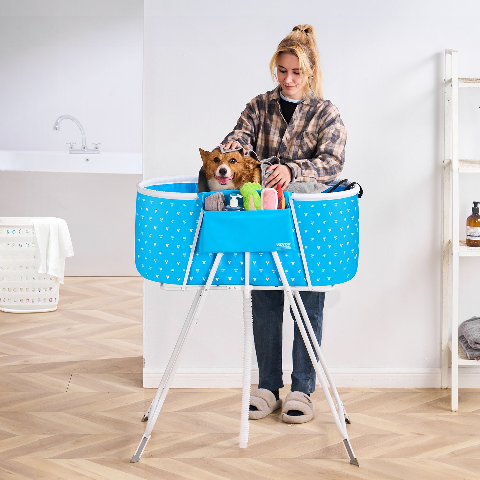 VEVOR Bañera Portátil para Perros, Elevada y Plegable, que Ahorra Espacio Drenaje Rápido, para Lavar y Asear Perros y Gatos Pequeños y Medianos Interiores y Exteriores, Azul Claro, 850 x 470 x 980 mm