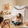 VEVOR Kids Play Tent 2 in 1 Wood Frame Toddler Tent with Padded Mat Beige, for Girls Boys Birthday Play, Indoor & Outdoor Playhouse, Cozy Reading Corner, with Stars Lights, Pompoms, Breathable Window