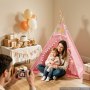 VEVOR Kids Play Tent Pine Wood Teepee Tent for Kids Cotton Canvas Pink, for Toddlers Girls Boys Play, Indoor & Outdoor, with Padded Mat, Stars Lights, Carry Bag, Flag, Breathable Window, Pompom