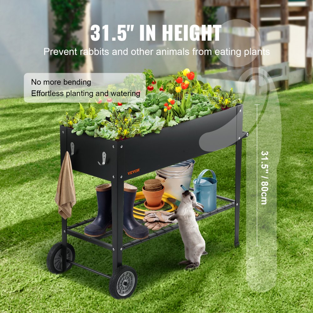 VEVOR Cama Elevada de Jardín 108 x 49,5 x 80 cm Jardinería Elevada de Metal Galvanizado para Cultivo de Flores Plantas Hierbas Huerto Urbano para Jardín Terraza Patio Balcón Negro con Accesorios