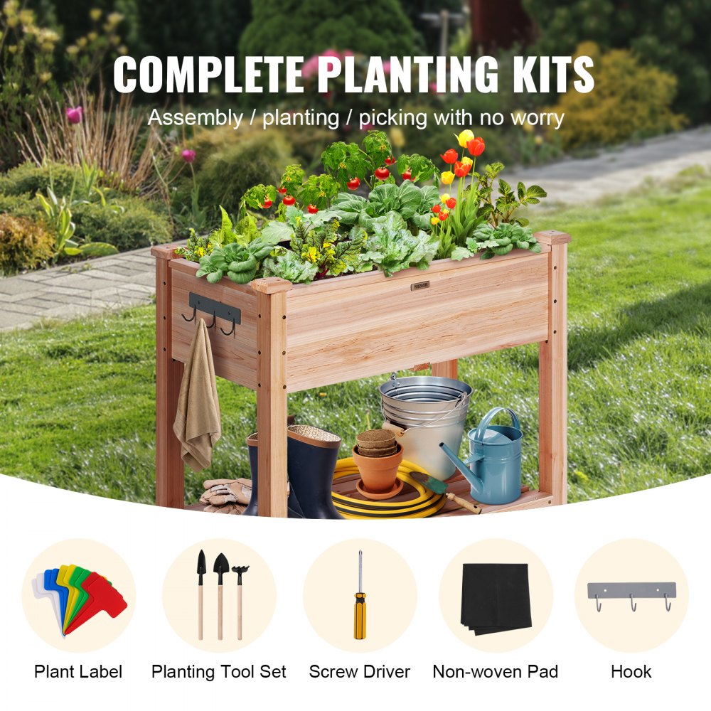 VEVOR Cama Elevada de Jardín 86 x 46 x 76 cm Jardinería Elevada de Madera de Abeto para Cultivo de Flores Plantas Hierbas Huerto Urbano para Jardín Terraza Patio Balcón Color de Madera con Accesorios