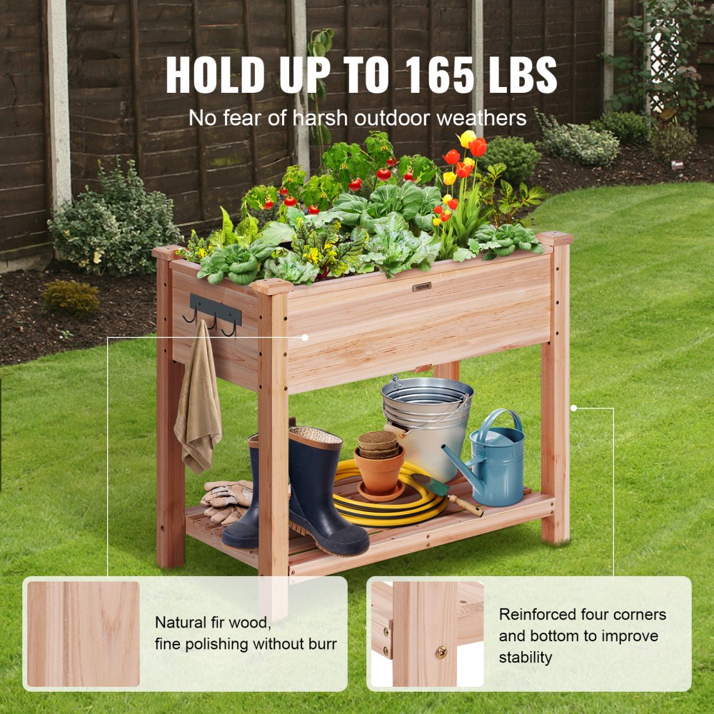 VEVOR Cama Elevada de Jardín 86 x 46 x 76 cm Jardinería Elevada de Madera de Abeto para Cultivo de Flores Plantas Hierbas Huerto Urbano para Jardín Terraza Patio Balcón Color de Madera con Accesorios