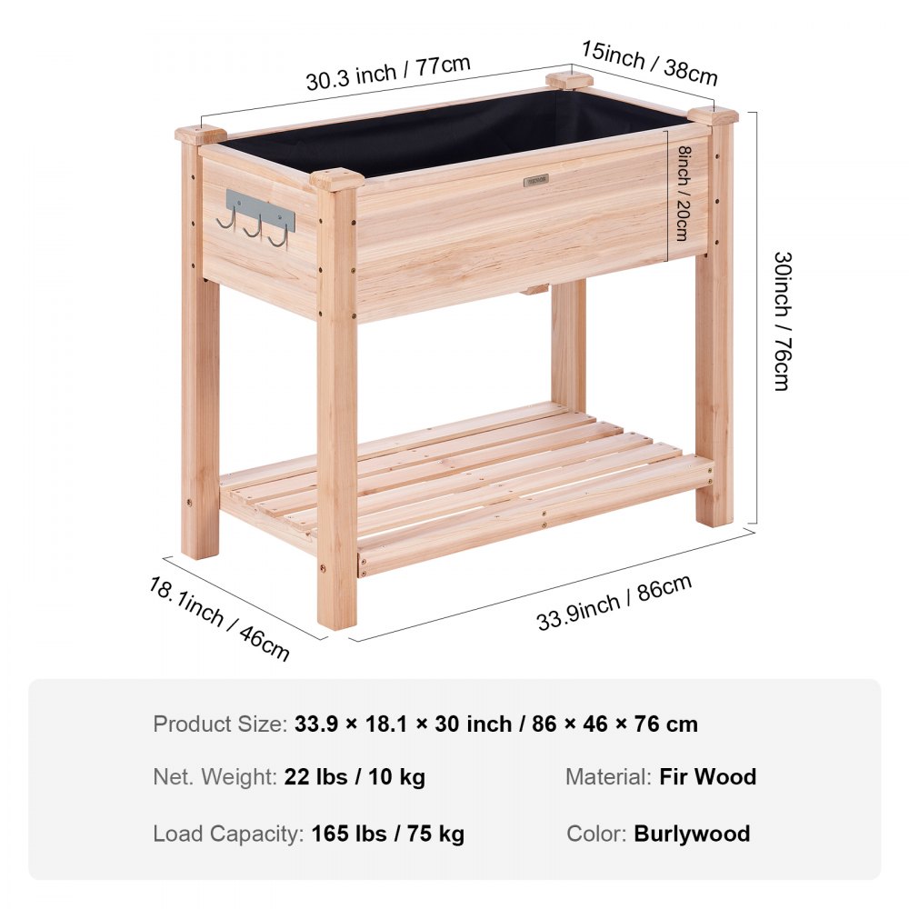 VEVOR Cama Elevada de Jardín 86 x 46 x 76 cm Jardinería Elevada de Madera de Abeto para Cultivo de Flores Plantas Hierbas Huerto Urbano para Jardín Terraza Patio Balcón Color de Madera con Accesorios