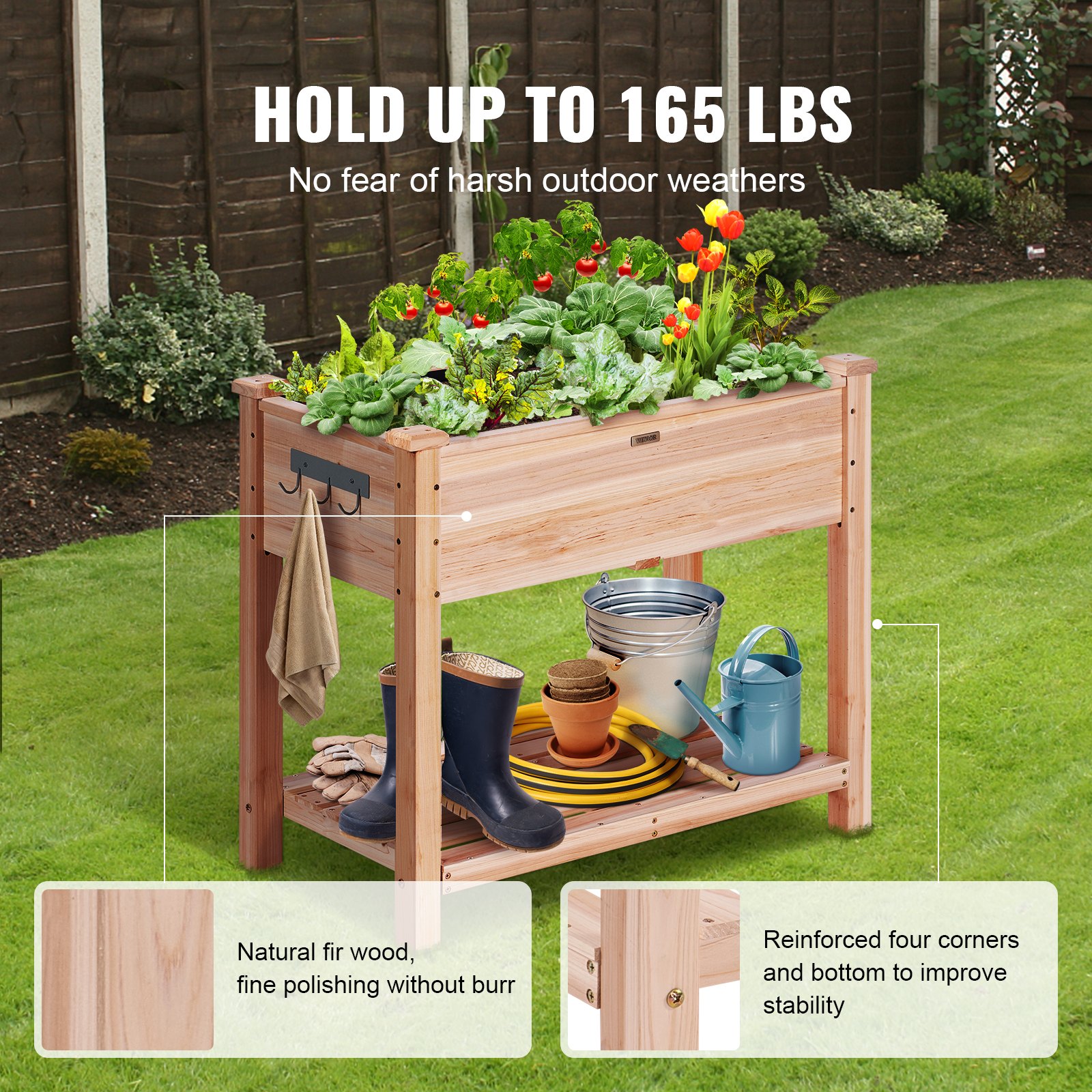 VEVOR Cama Elevada de Jardín 86 x 46 x 76 cm Jardinería Elevada de Madera de Abeto para Cultivo de Flores Plantas Hierbas Huerto Urbano para Jardín Terraza Patio Balcón Color de Madera con Accesorios
