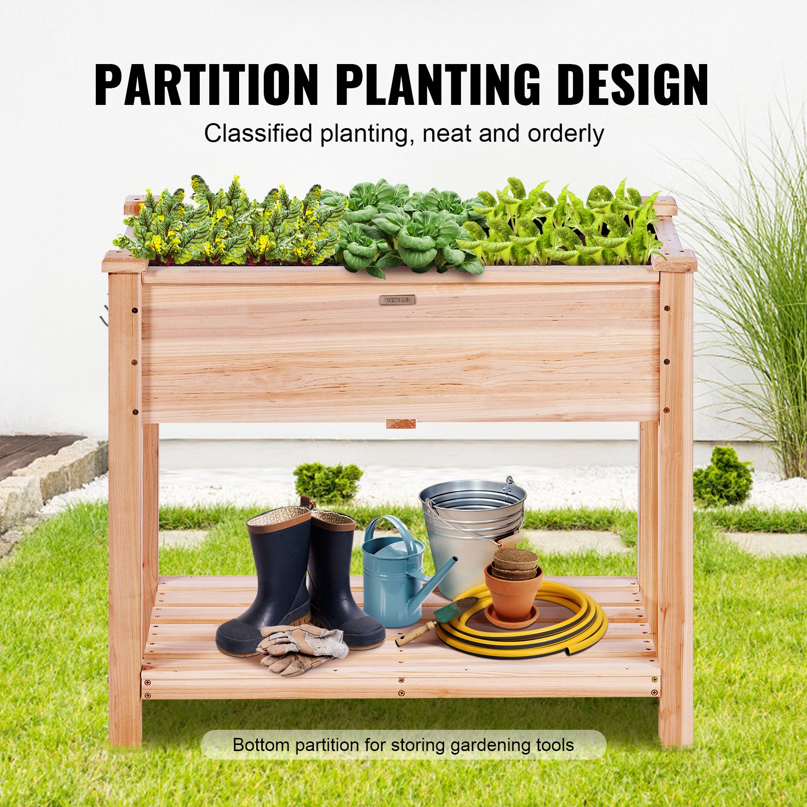 VEVOR Cama Elevada de Jardín 86 x 46 x 76 cm Jardinería Elevada de Madera de Abeto para Cultivo de Flores Plantas Hierbas Huerto Urbano para Jardín Terraza Patio Balcón Color de Madera con Accesorios