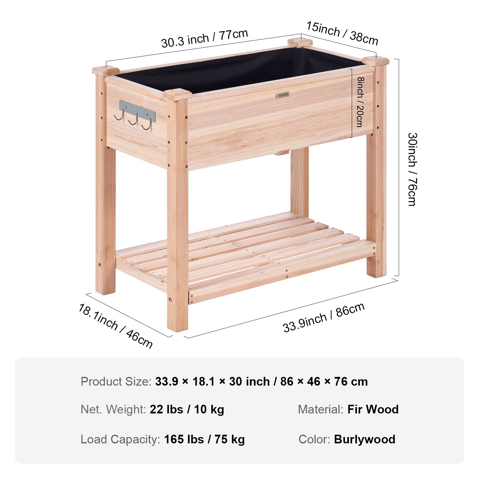 VEVOR Cama Elevada de Jardín 86 x 46 x 76 cm Jardinería Elevada de Madera de Abeto para Cultivo de Flores Plantas Hierbas Huerto Urbano para Jardín Terraza Patio Balcón Color de Madera con Accesorios