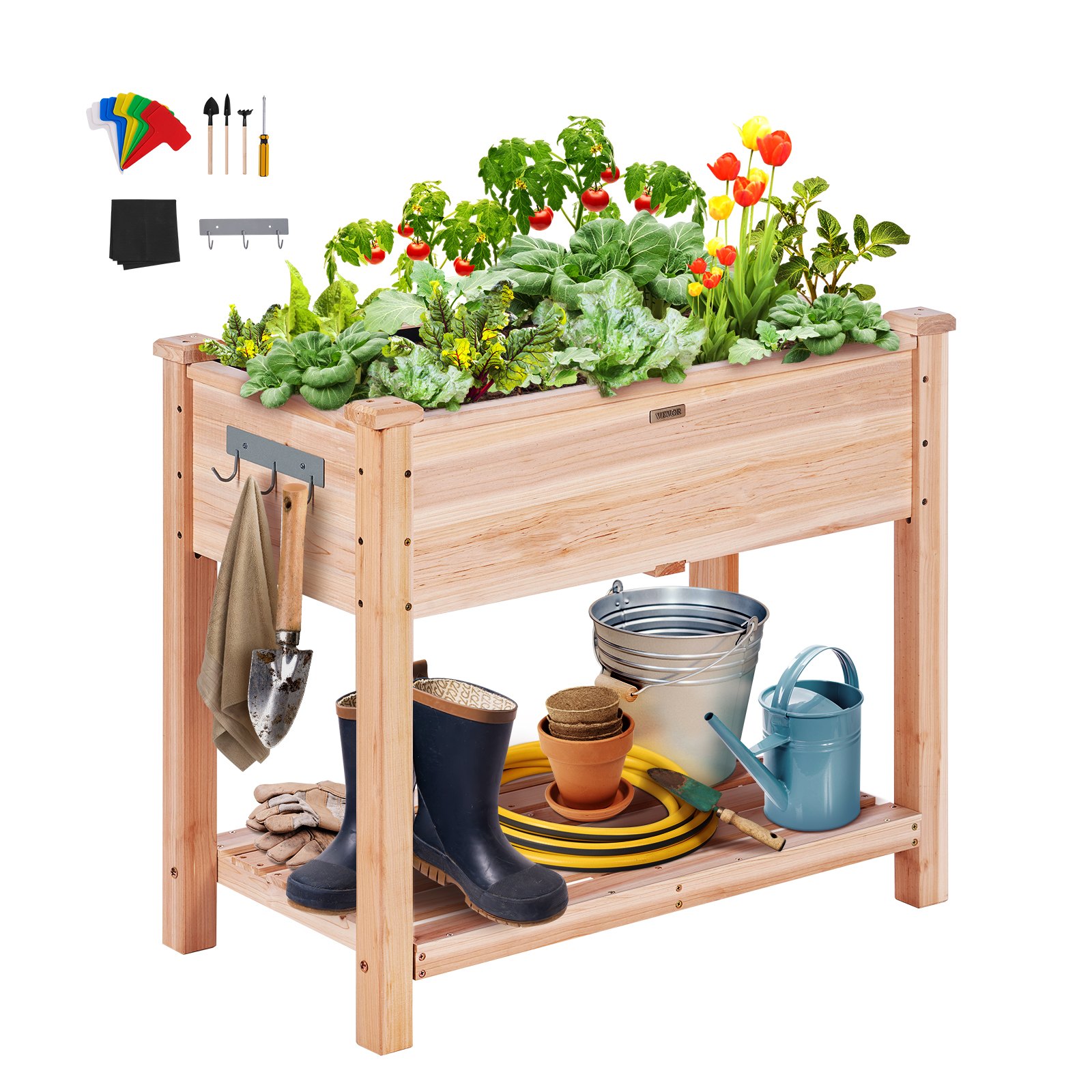 VEVOR Cama Elevada de Jardín 86 x 46 x 76 cm Jardinería Elevada de Madera de Abeto para Cultivo de Flores Plantas Hierbas Huerto Urbano para Jardín Terraza Patio Balcón Color de Madera con Accesorios