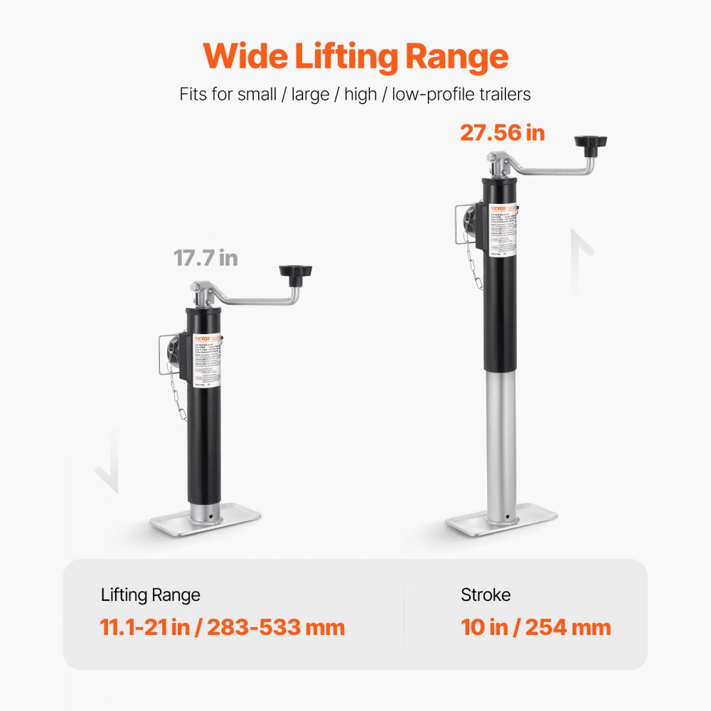 VEVOR trailer jack, 907kg dynamic lifting capacity, weldable, swivel support with pipe mounting, 283-533mm support leg for caravans, horse trailers, utility trailers & yacht trailers