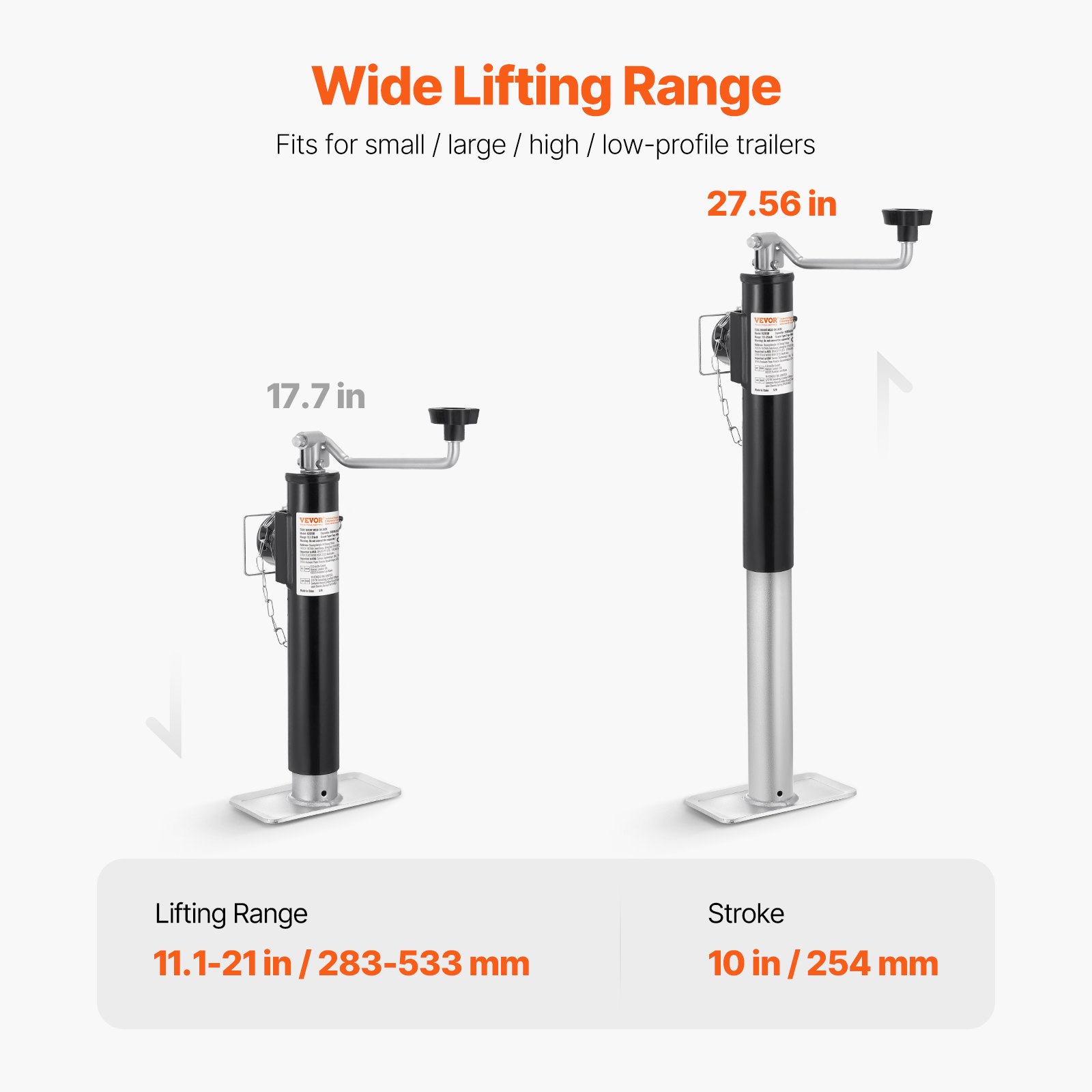 VEVOR trailer jack, 907kg dynamic lifting capacity, weldable, swivel support with pipe mounting, 283-533mm support leg for caravans, horse trailers, utility trailers & yacht trailers