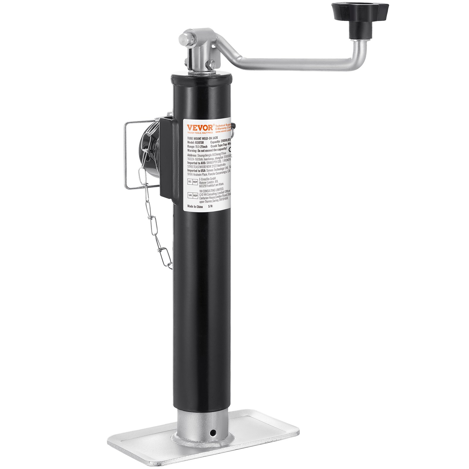 VEVOR trailer jack, 907kg dynamic lifting capacity, weldable, swivel support with pipe mounting, 283-533mm support leg for caravans, horse trailers, utility trailers & yacht trailers