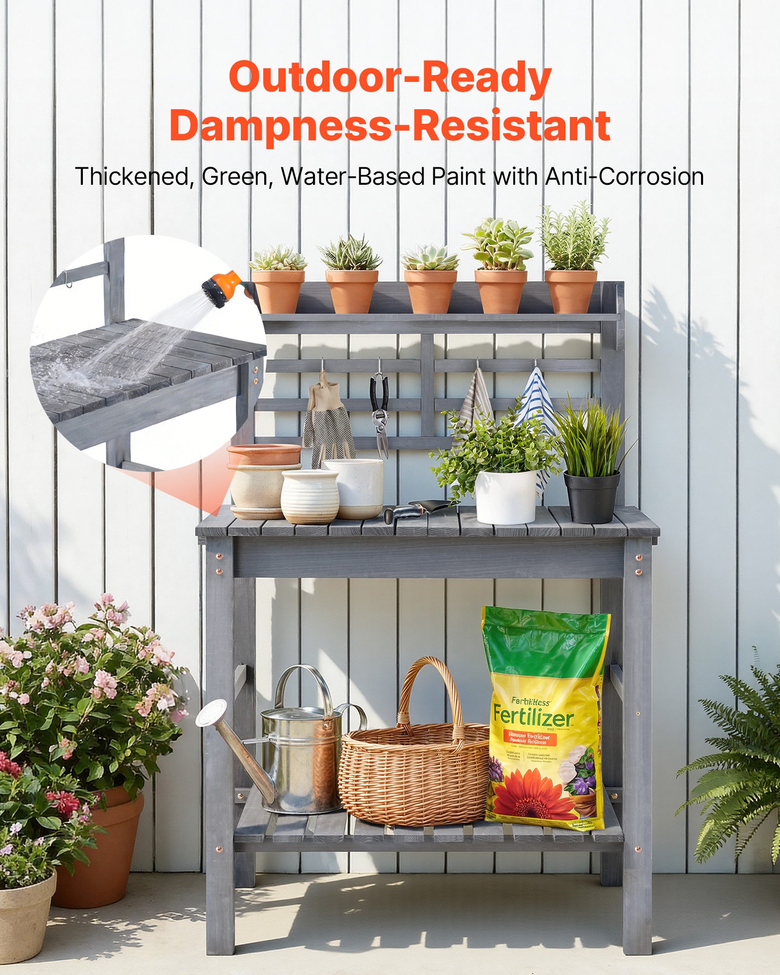 VEVOR Mesa de Jardinería, Banco de Trabajo de Jardín de Madera con Tablero Madera de Abeto Ajustable de 94 x 46 x 140 cm, Estante Superior, Armario, Cajón, Ganchos para Patio Almacenamiento Macetas Exterior