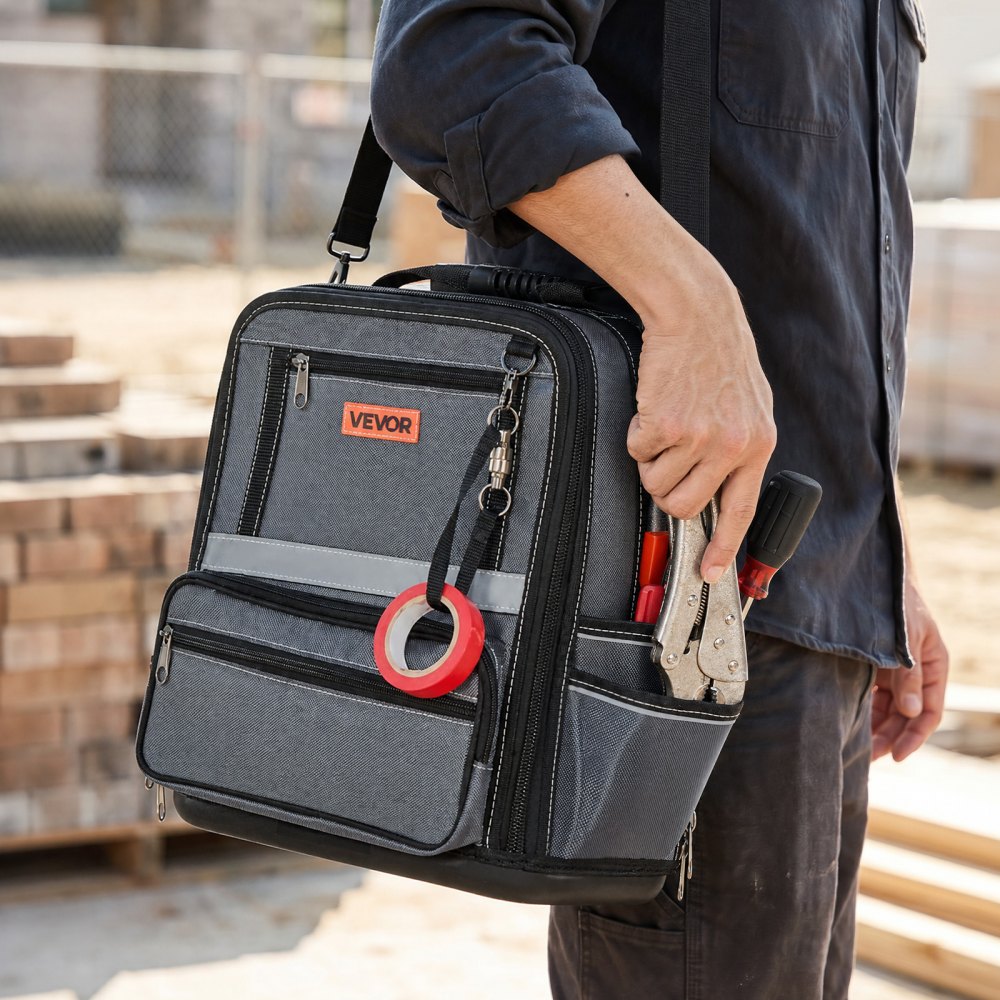 VEVOR Bolsa de Herramientas 34 Bolsillos Poliéster 1680D Bolsa Organizadora Portátil con Asa, Base de Plástico, Cremallera Grande y Correa de Hombro Ajustable para Contratistas Electricistas Mecánicos