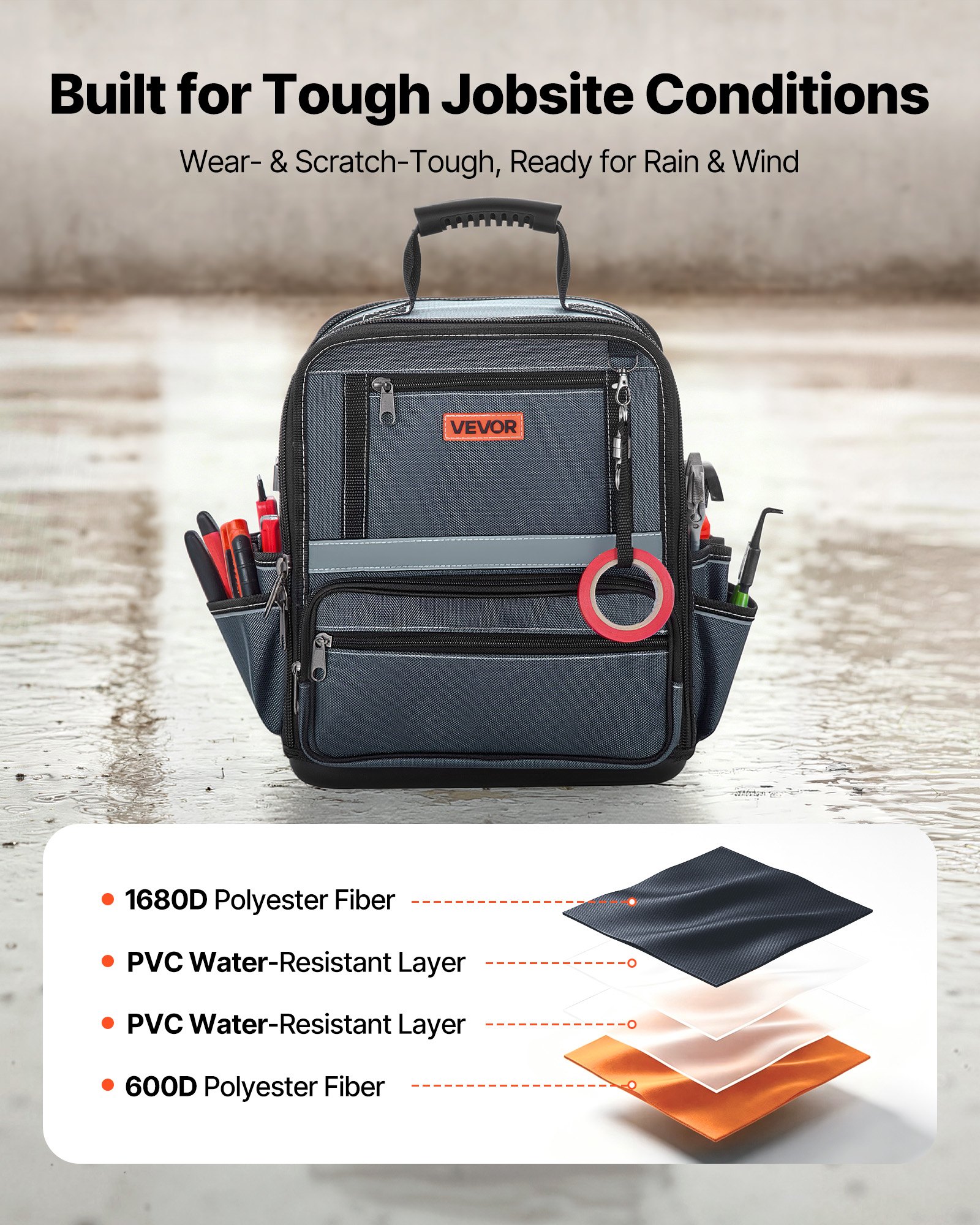VEVOR Bolsa de Herramientas 34 Bolsillos Poliéster 1680D Bolsa Organizadora Portátil con Asa, Base de Plástico, Cremallera Grande y Correa de Hombro Ajustable para Contratistas Electricistas Mecánicos