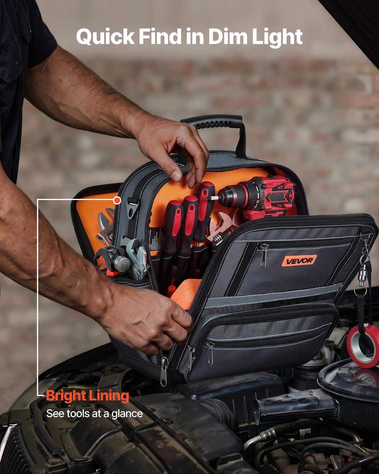 VEVOR Bolsa de Herramientas 34 Bolsillos Poliéster 1680D Bolsa Organizadora Portátil con Asa, Base de Plástico, Cremallera Grande y Correa de Hombro Ajustable para Contratistas Electricistas Mecánicos