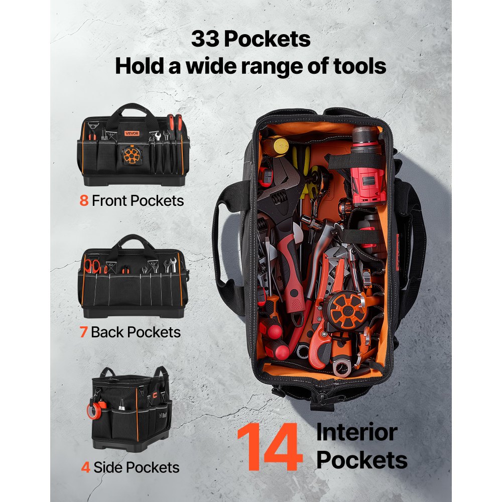 VEVOR Bolsa de Herramientas 33 Bolsillos Poliéster 1680D Bolsa Organizadora Portátil con Base de Plástico, Asa, Cremallera Grande y Correa de Hombro Ajustable para Electricistas Mecánicos Contratistas