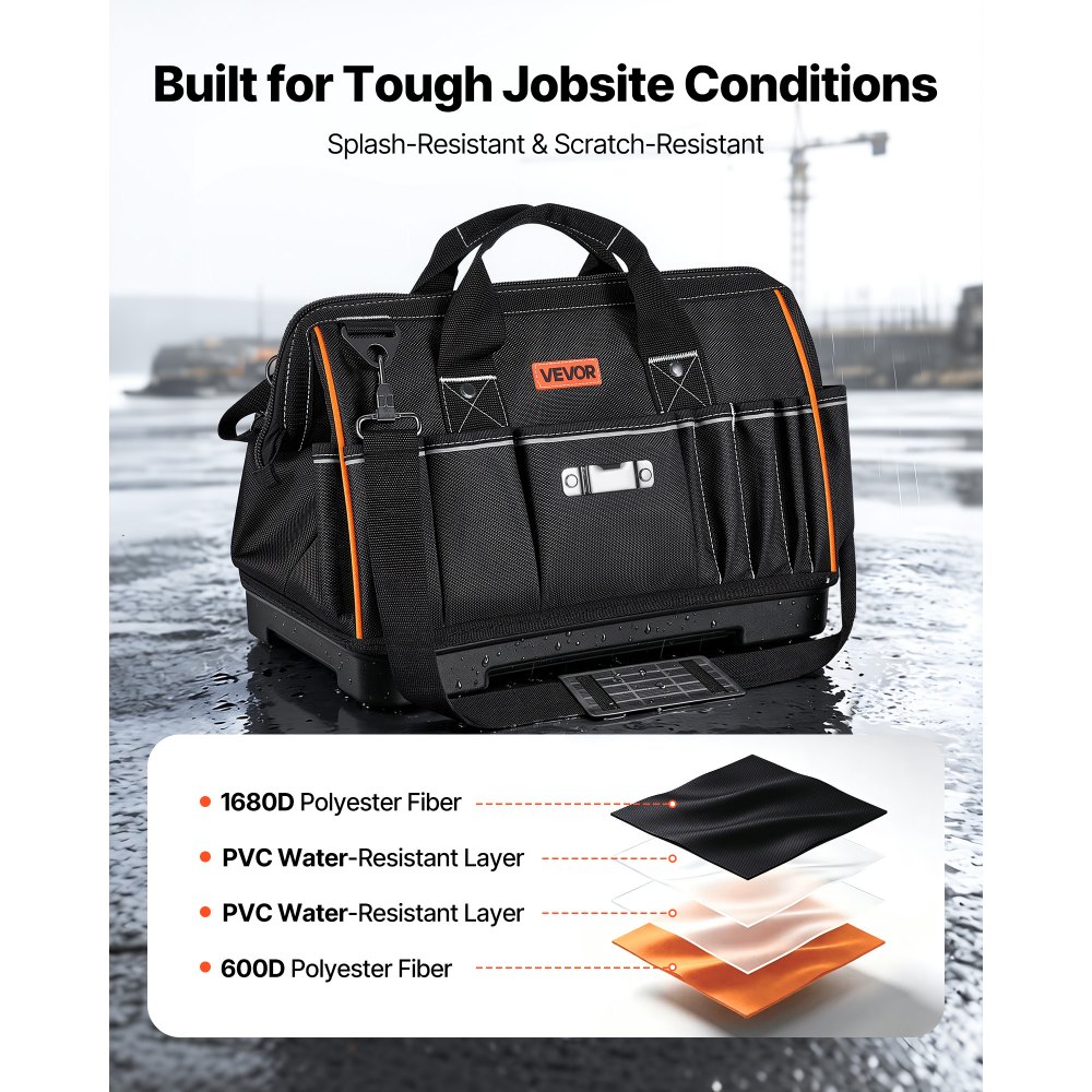 VEVOR Bolsa de Herramientas 33 Bolsillos Poliéster 1680D Bolsa Organizadora Portátil con Base de Plástico, Asa, Cremallera Grande y Correa de Hombro Ajustable para Electricistas Mecánicos Contratistas
