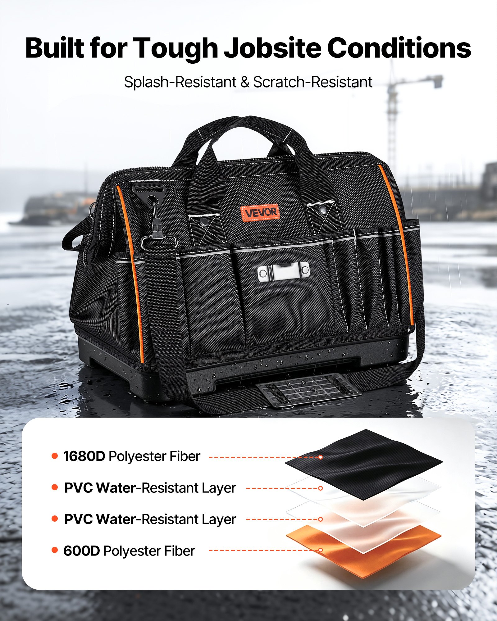 VEVOR Bolsa de Herramientas 33 Bolsillos Poliéster 1680D Bolsa Organizadora Portátil con Base de Plástico, Asa, Cremallera Grande y Correa de Hombro Ajustable para Electricistas Mecánicos Contratistas
