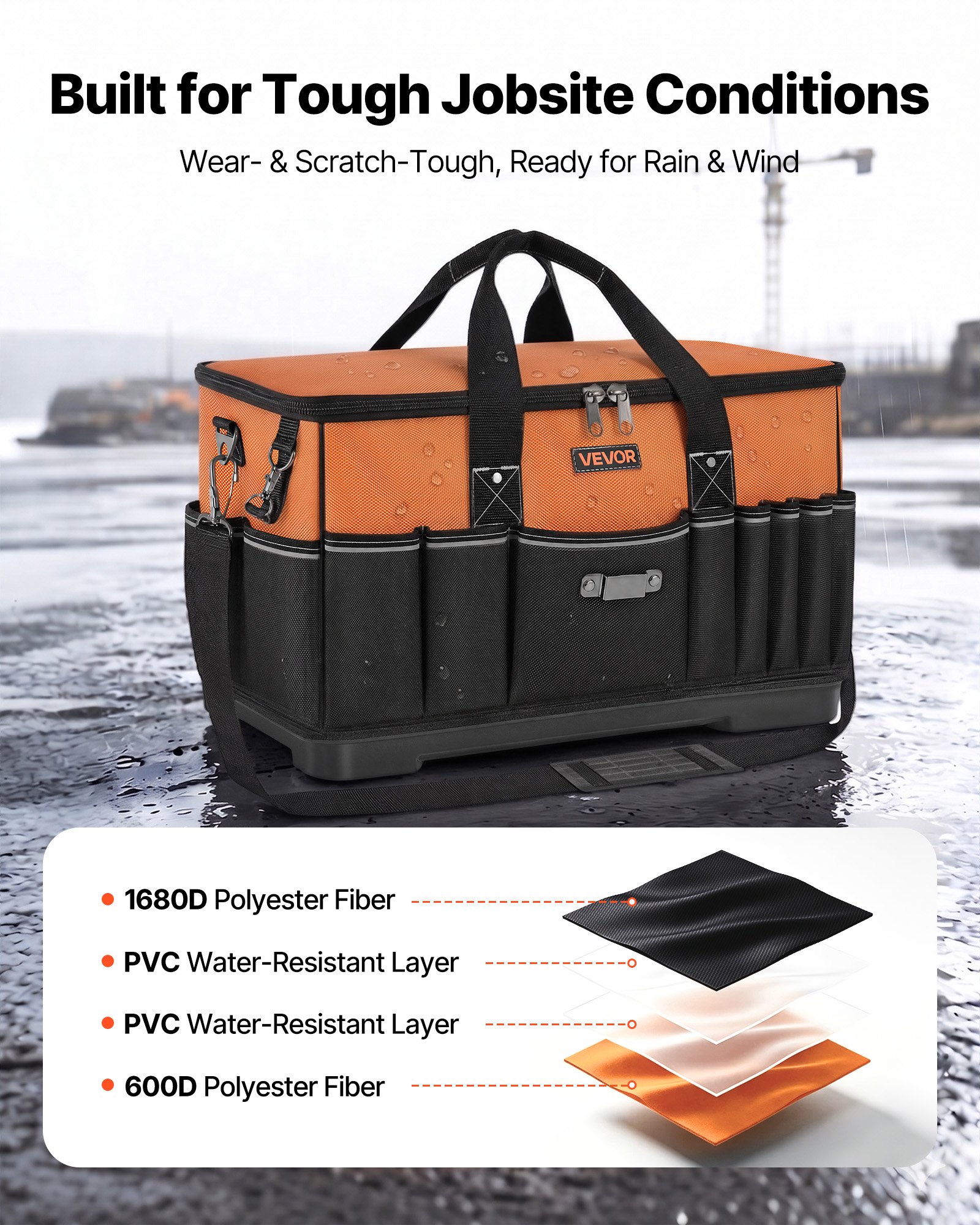 VEVOR Bolsa de Herramientas de 485 mm con 33 Bolsillos, Poliéster, Bolsa Organizadora Portátil con Asa, Cremallera Grande, Correa Ajustable Base de Plástico para Mecánicos Electricistas Contratistas