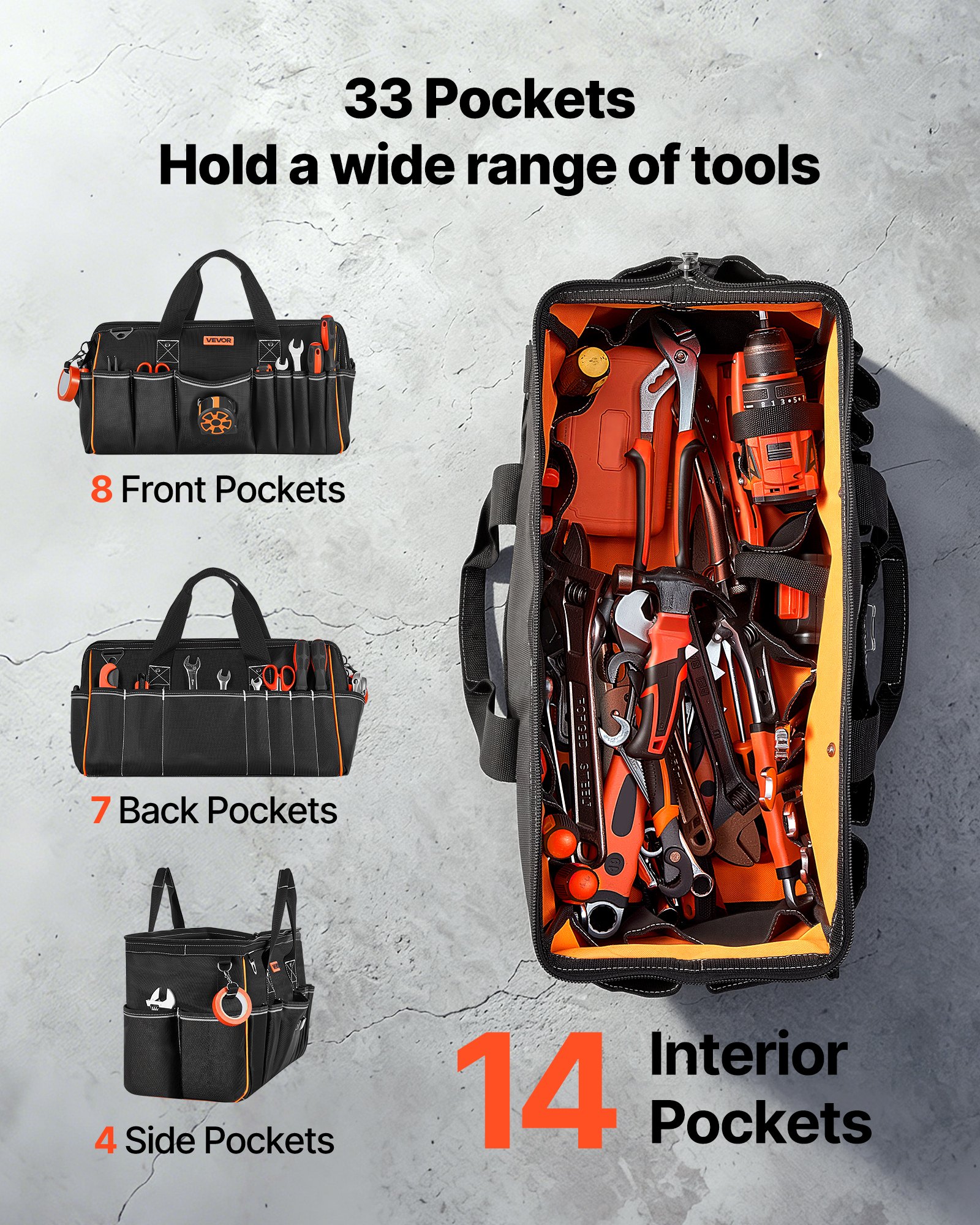 VEVOR Bolsa de Herramientas de 510 mm con 33 Bolsillos, Poliéster 1680D, Bolsa Organizadora Portátil con Asa, Correa de Hombro Ajustable, Cremallera Grande para Contratistas Electricistas Mecánicos