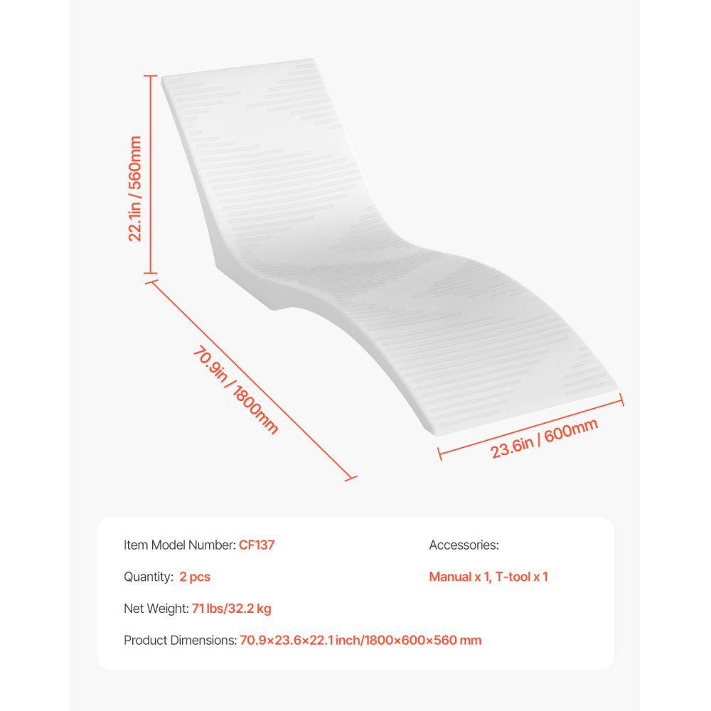 VEVOR Tumbonas para Piscina, Juego de 2, para Profundidades de hasta 12,7 cm, Fijas y Flotantes, para Todo Tipo de Piscinas, para Broncearse junto a la Agua y en la Terraza, 1800 x 600 x 560 mm