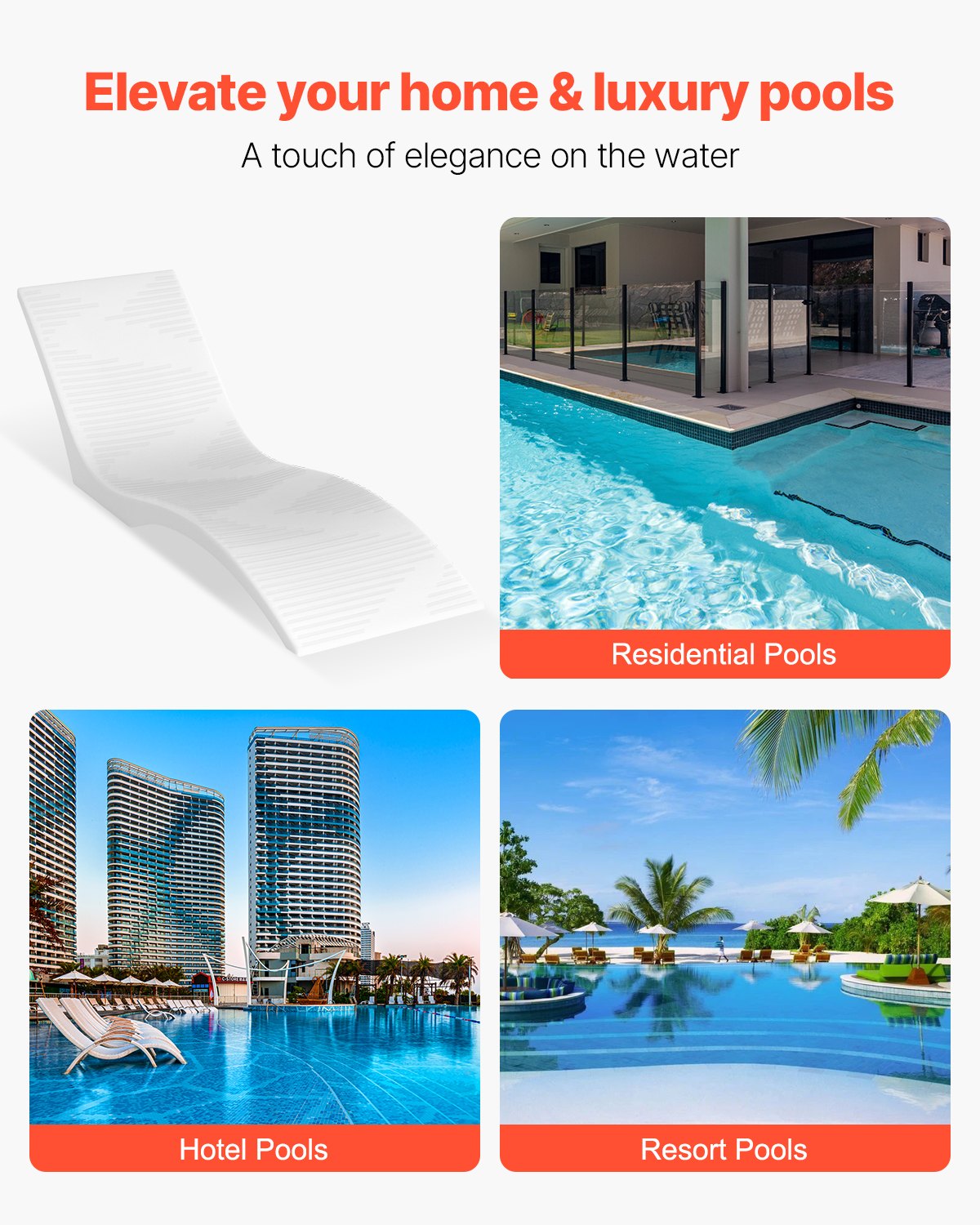 VEVOR Tumbonas para Piscina, Juego de 2, para Profundidades de hasta 12,7 cm, Fijas y Flotantes, para Todo Tipo de Piscinas, para Broncearse junto a la Agua y en la Terraza, 1800 x 600 x 560 mm