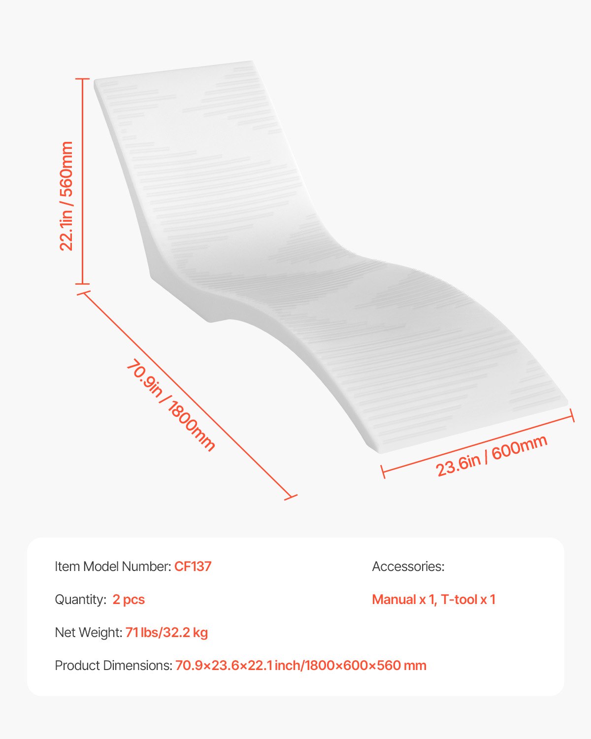 VEVOR Tumbonas para Piscina, Juego de 2, para Profundidades de hasta 12,7 cm, Fijas y Flotantes, para Todo Tipo de Piscinas, para Broncearse junto a la Agua y en la Terraza, 1800 x 600 x 560 mm