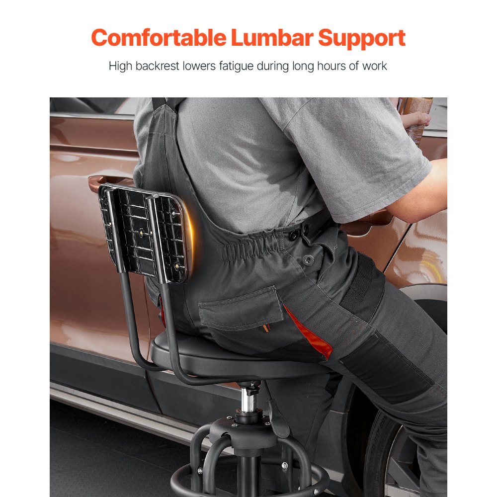 VEVOR Taburete de Taller con Respaldo Asiento de Garaje Carga de 136 kg Taburete de Trabajo Altura Ajustable 103-114 cm Giratorio de 360° para Garaje, Taller, Reparación de Automóviles, Negro