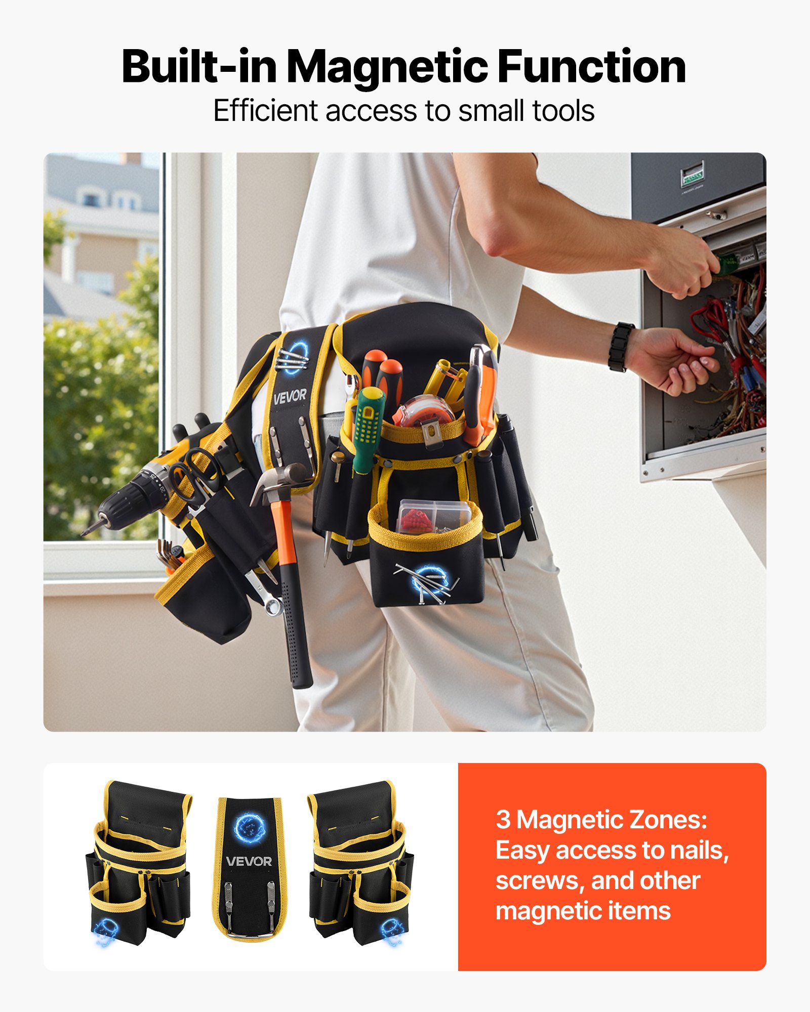 VEVOR Cinturón Portaherramientas Magnético para Artesanos, con 28 Bolsillos, Funda Portaherramientas, para Electricistas, Carpinteros y Trabajadores de la Construcción, Ajustable de 787 a 1219 mm