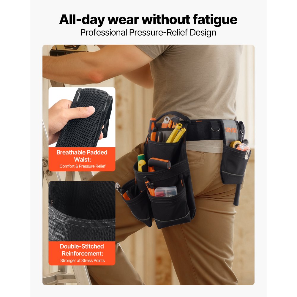VEVOR Cinturón Portaherramientas, 18 Bolsillos, para Trabajadores de la Construcción, Electricistas, y Carpinteros, Organizador de Delantal, Ajustable de 800 a 1310 mm, 1420 x 360 x 115 mm, Negro