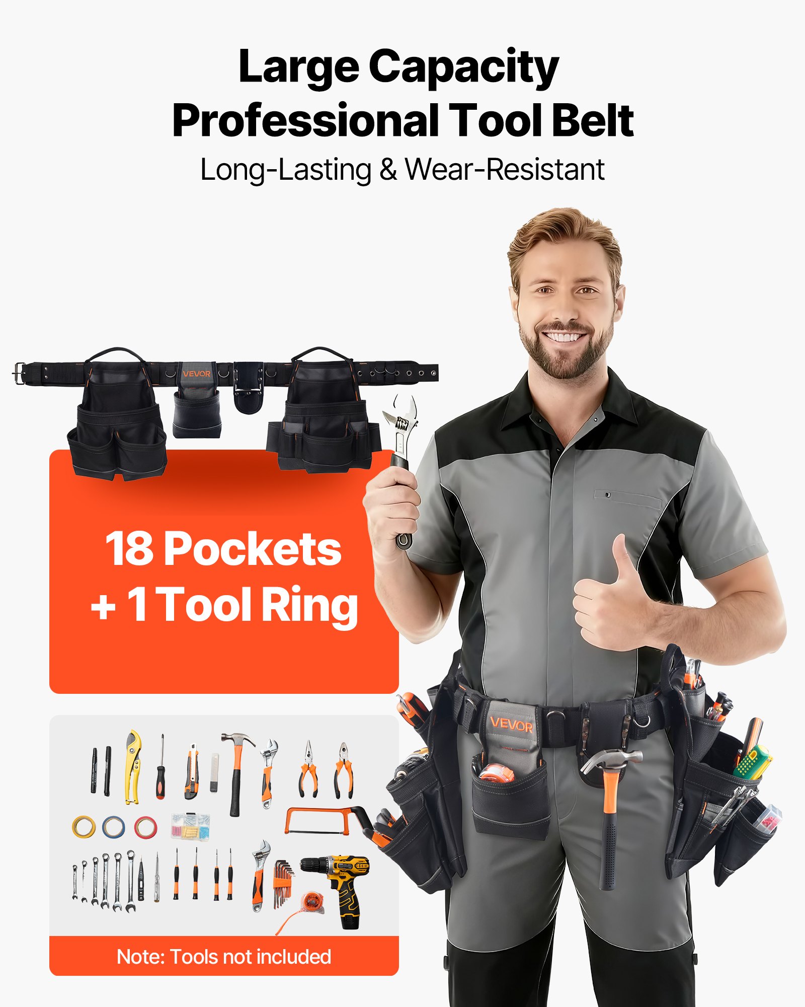 VEVOR Cinturón Portaherramientas, 18 Bolsillos, para Trabajadores de la Construcción, Electricistas, y Carpinteros, Organizador de Delantal, Ajustable de 800 a 1310 mm, 1420 x 360 x 115 mm, Negro