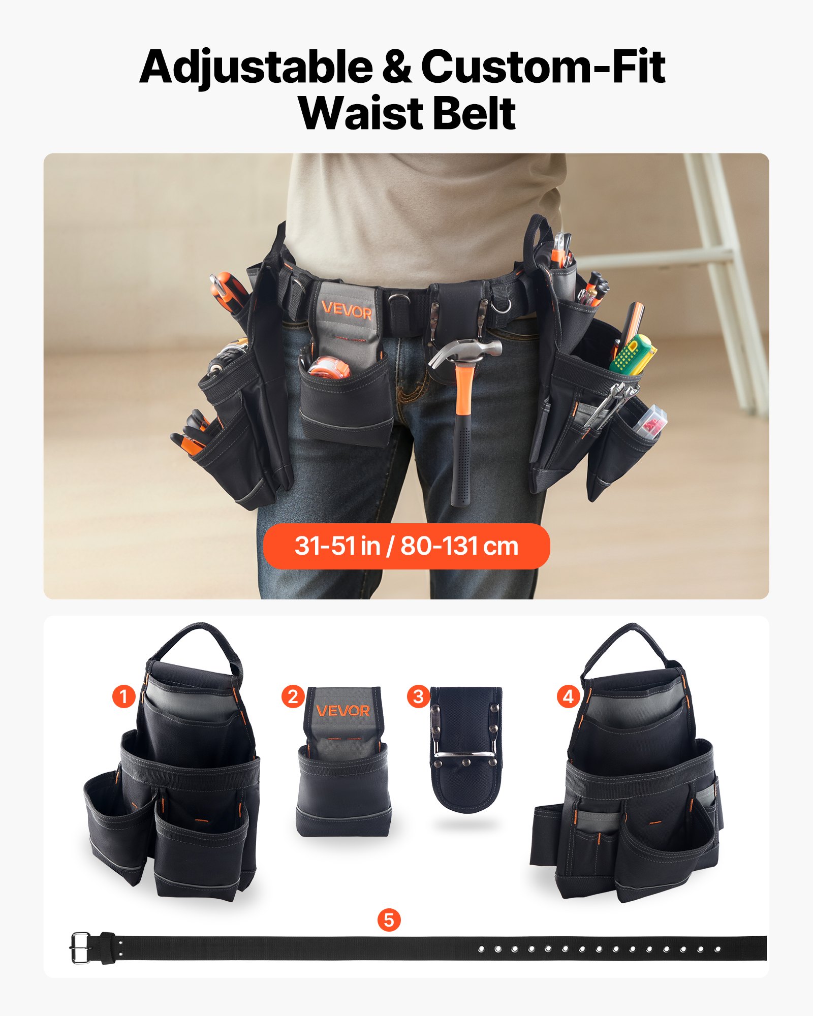 VEVOR Cinturón Portaherramientas, 18 Bolsillos, para Trabajadores de la Construcción, Electricistas, y Carpinteros, Organizador de Delantal, Ajustable de 800 a 1310 mm, 1420 x 360 x 115 mm, Negro