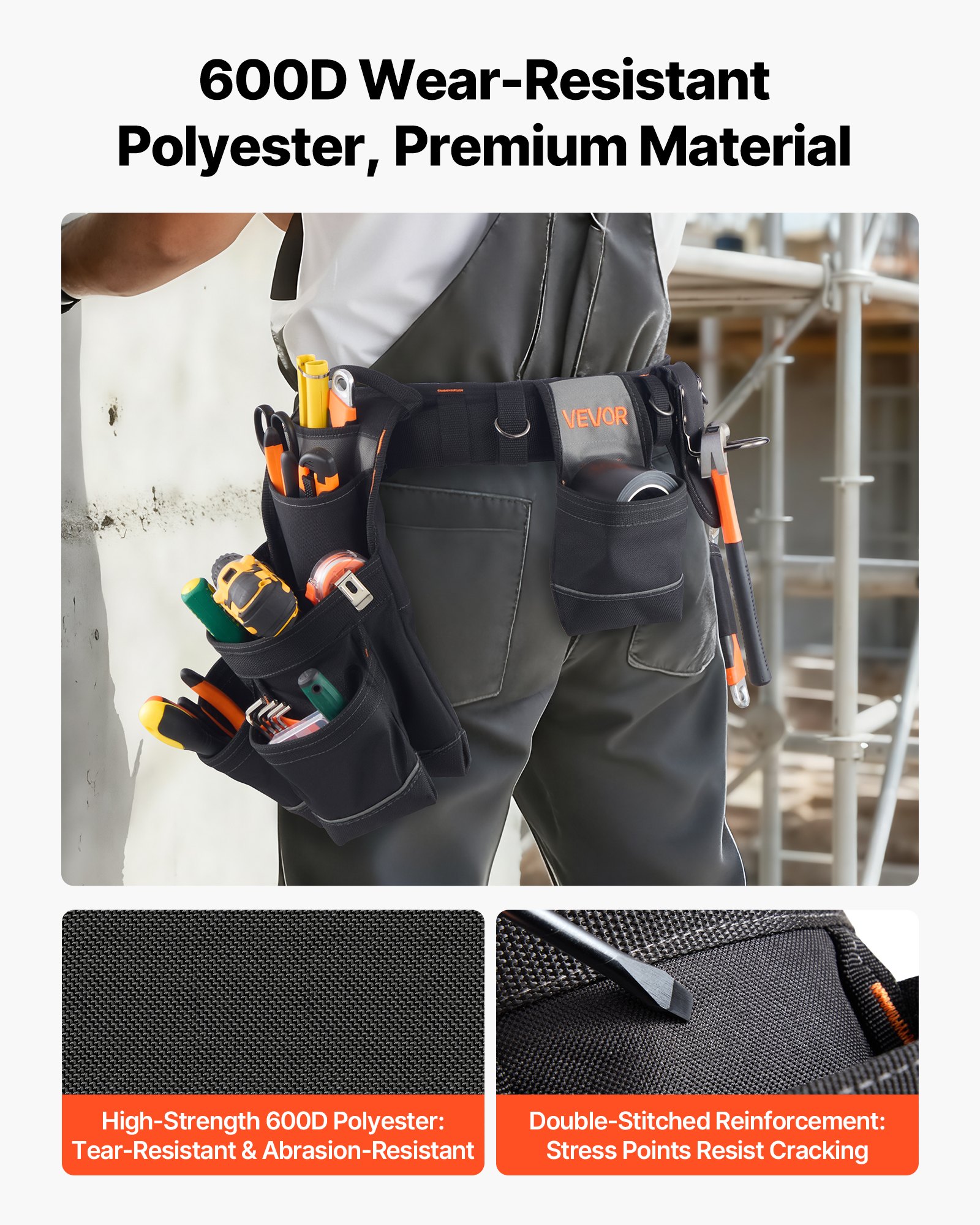 VEVOR Cinturón Portaherramientas, 18 Bolsillos, para Trabajadores de la Construcción, Electricistas, y Carpinteros, Organizador de Delantal, Ajustable de 800 a 1310 mm, 1420 x 360 x 115 mm, Negro
