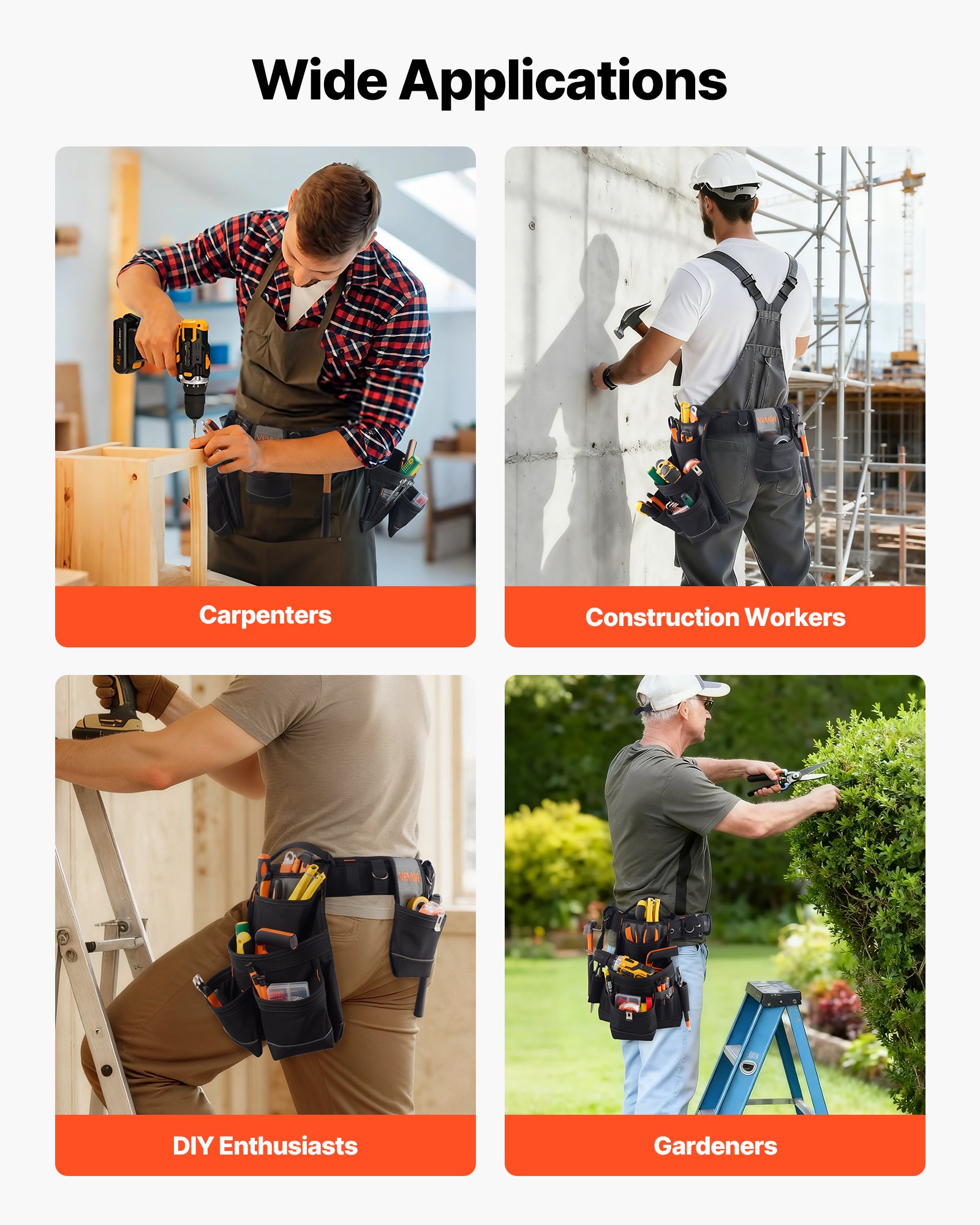 VEVOR Cinturón Portaherramientas, 18 Bolsillos, para Trabajadores de la Construcción, Electricistas, y Carpinteros, Organizador de Delantal, Ajustable de 800 a 1310 mm, 1420 x 360 x 115 mm, Negro