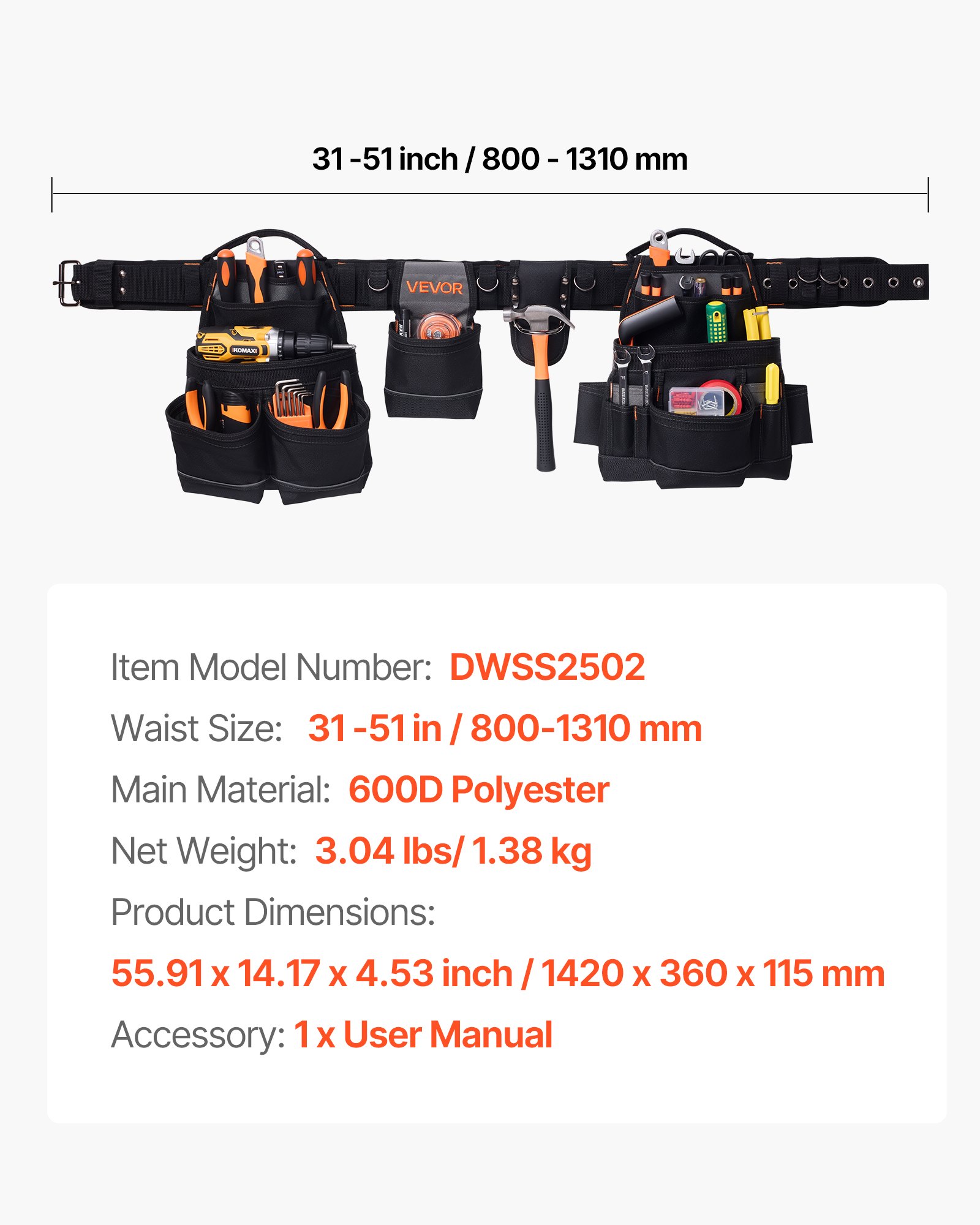 VEVOR Cinturón Portaherramientas, 18 Bolsillos, para Trabajadores de la Construcción, Electricistas, y Carpinteros, Organizador de Delantal, Ajustable de 800 a 1310 mm, 1420 x 360 x 115 mm, Negro