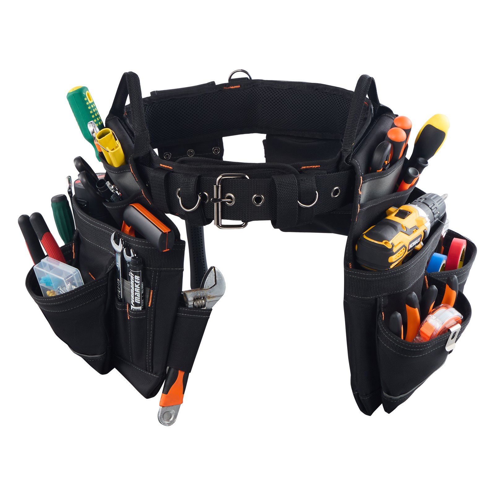 VEVOR Cinturón Portaherramientas, 18 Bolsillos, para Trabajadores de la Construcción, Electricistas, y Carpinteros, Organizador de Delantal, Ajustable de 800 a 1310 mm, 1420 x 360 x 115 mm, Negro