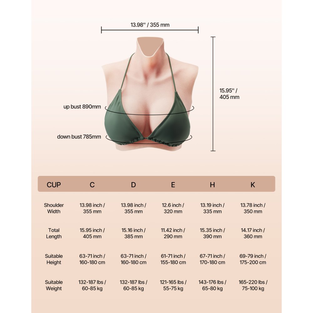 VEVOR Pechos Falsos de Silicona Copa C Cuello Alto Coraza de Silicona Formas de Pecho Relleno de Silicona Líquida Pechos Artificiales para Cosplay de Transexuales, Drag Queens, Color Marfil