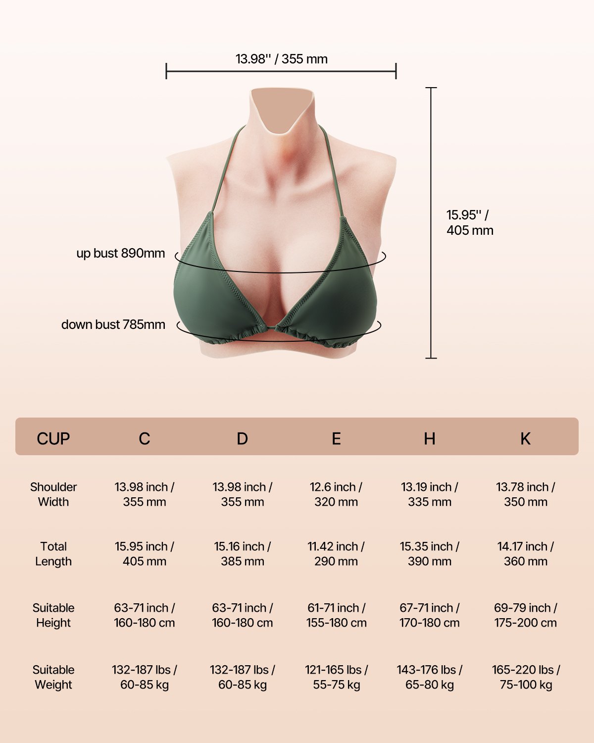 VEVOR Pechos Falsos de Silicona Copa C Cuello Alto Coraza de Silicona Formas de Pecho Relleno de Silicona Líquida Pechos Artificiales para Cosplay de Transexuales, Drag Queens, Color Marfil