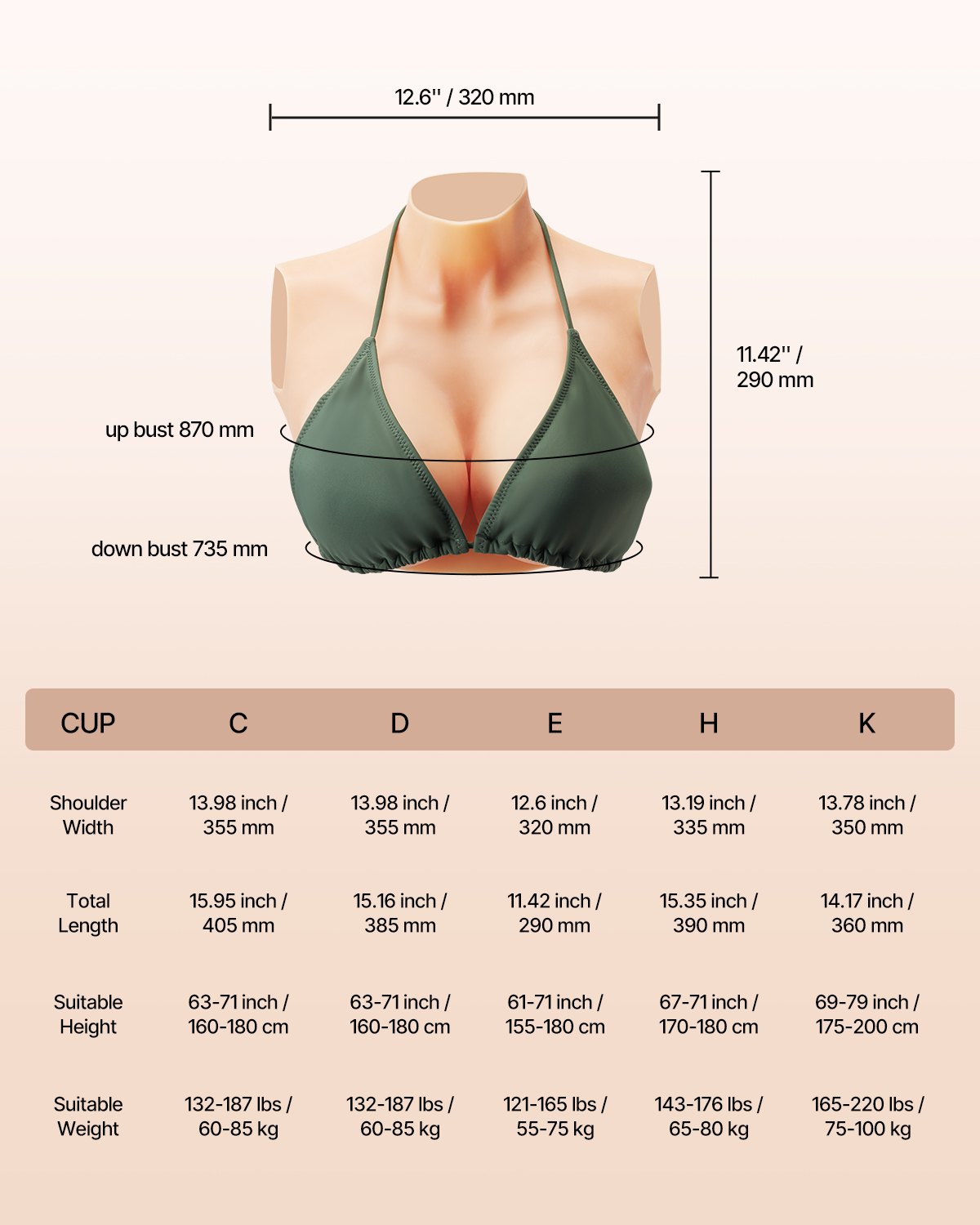VEVOR Pechos Falsos de Silicona Copa E Cuello Alto Coraza de Silicona Formas de Pecho Relleno de Silicona Líquida Pechos Artificiales para Cosplay de Transexuales, Drag Queens, Color Marfil