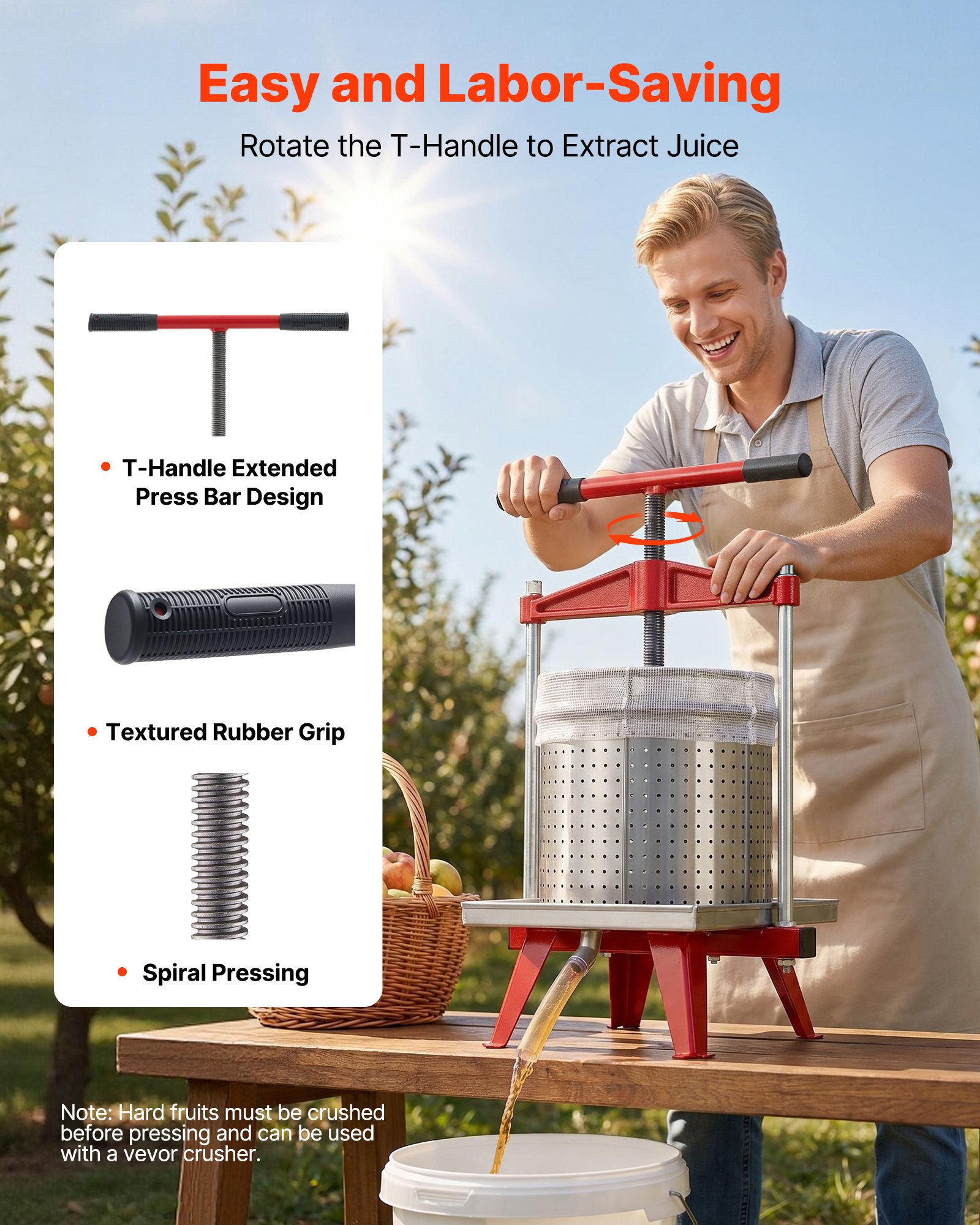VEVOR Prensa Hidráulica de Frutas Capacidad de 15 L, Exprimidor Manual de Verduras de Acero Inoxidable, Prensa de Vino con 2 Bolsas de Filtro, Placa de Prensado, para Hacer Zumo de Sidras, Uvas