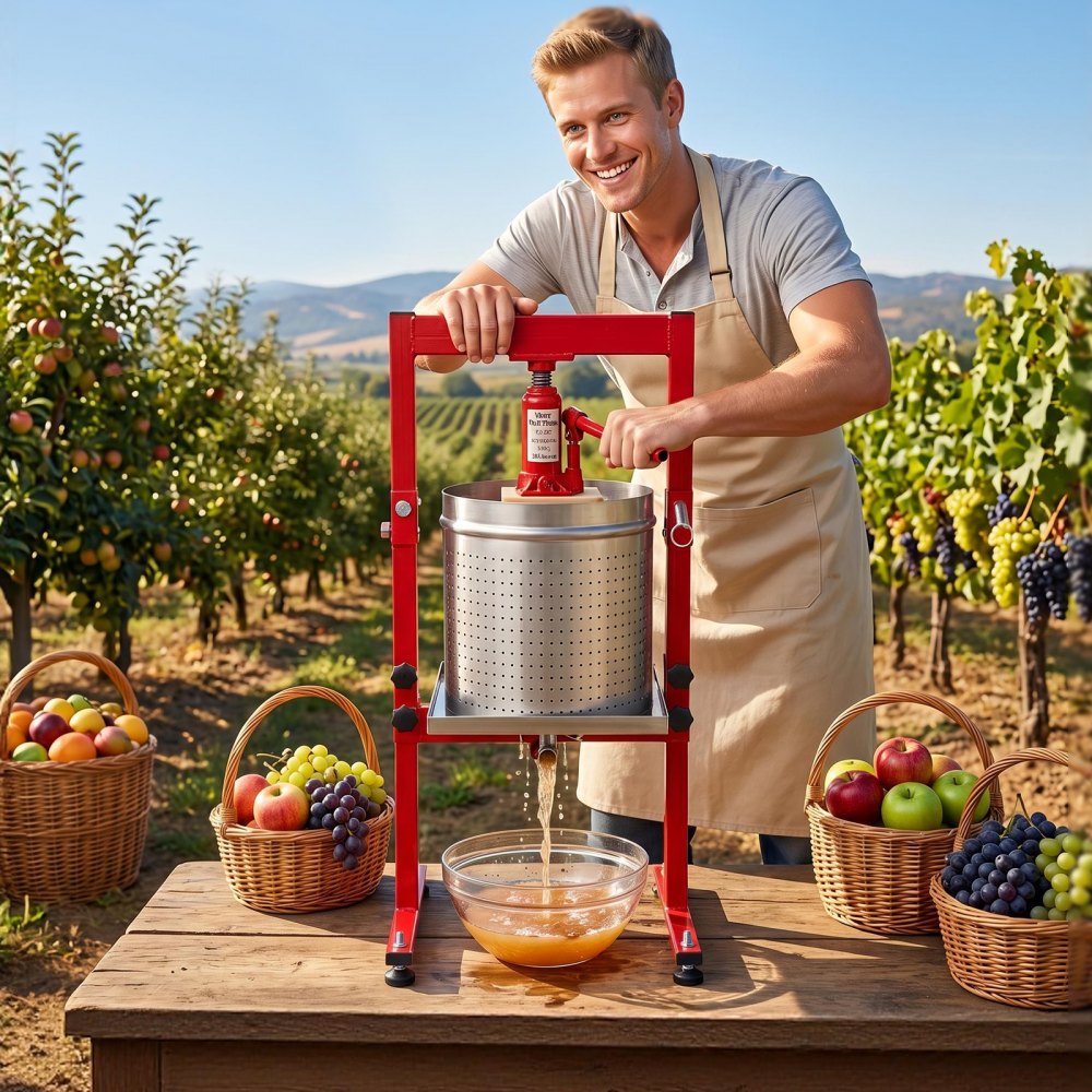 VEVOR Prensa Hidráulica de Frutas Capacidad de 30 L, Exprimidor Manual de Verduras de Acero Inoxidable, Prensa de Vino con 2 Bolsas de Filtro, Placa de Prensado, para Hacer Zumo de Sidras, Uvas