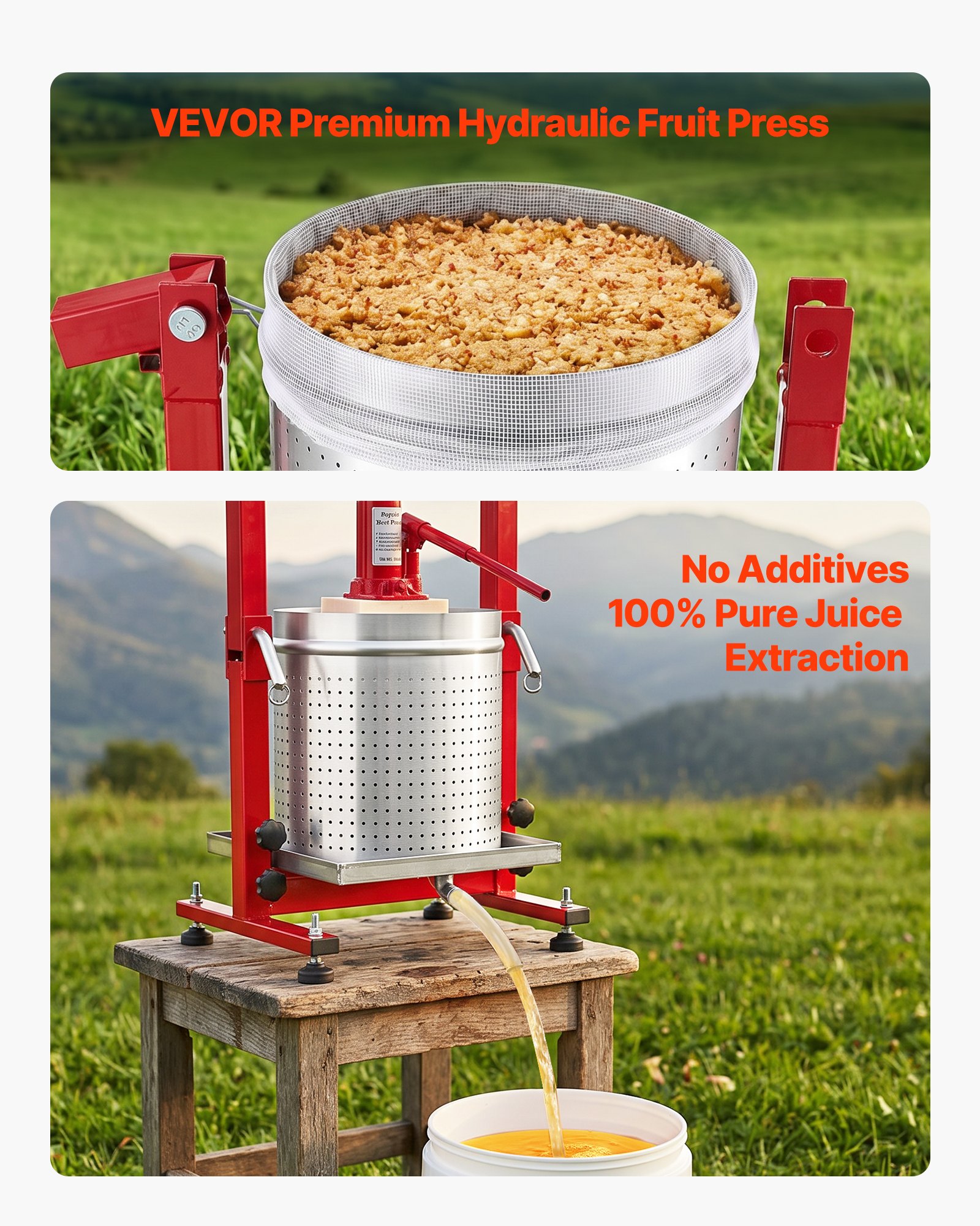 VEVOR Prensa Hidráulica de Frutas Capacidad de 30 L, Exprimidor Manual de Verduras de Acero Inoxidable, Prensa de Vino con 2 Bolsas de Filtro, Placa de Prensado, para Hacer Zumo de Sidras, Uvas