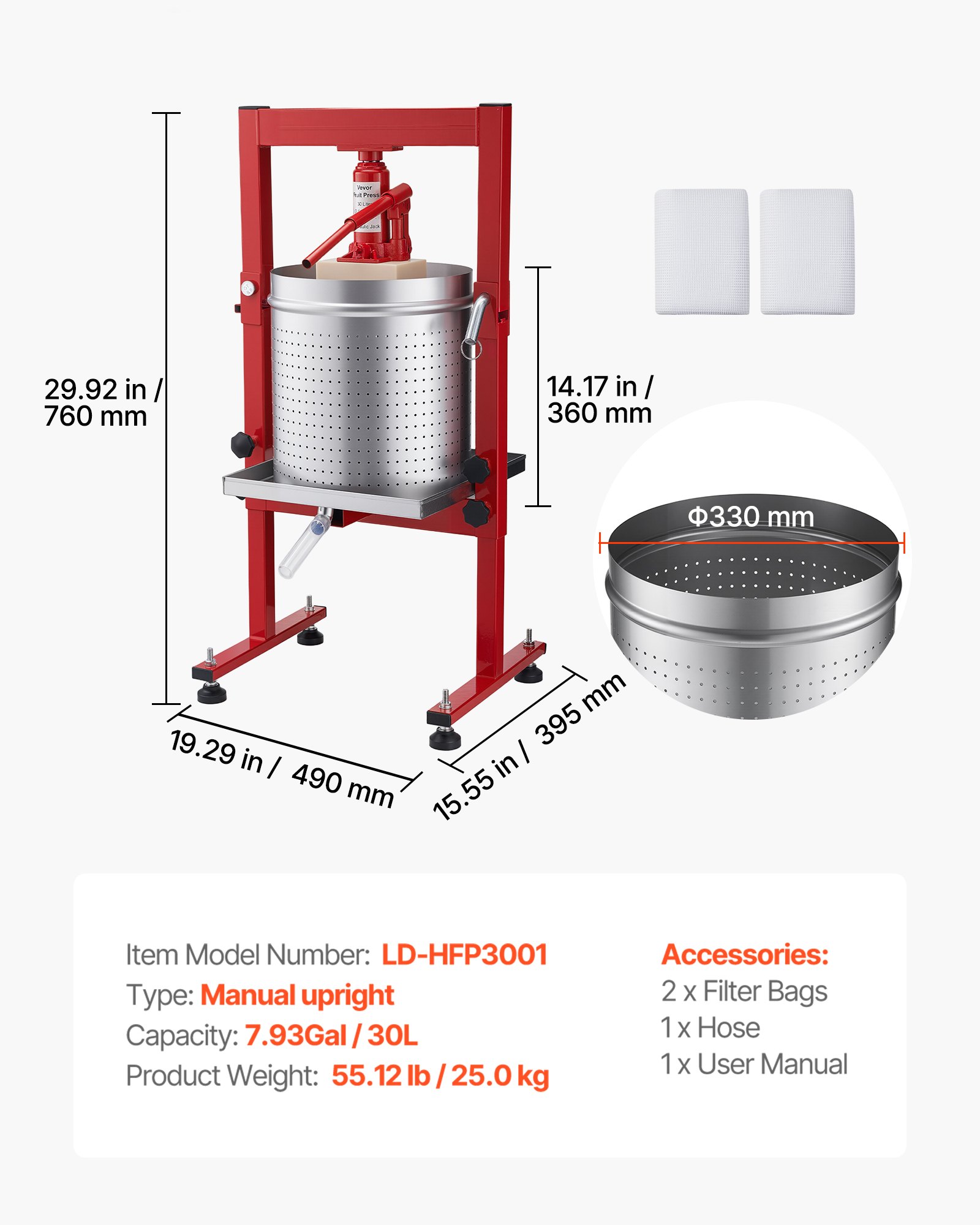 VEVOR Prensa Hidráulica de Frutas Capacidad de 30 L, Exprimidor Manual de Verduras de Acero Inoxidable, Prensa de Vino con 2 Bolsas de Filtro, Placa de Prensado, para Hacer Zumo de Sidras, Uvas