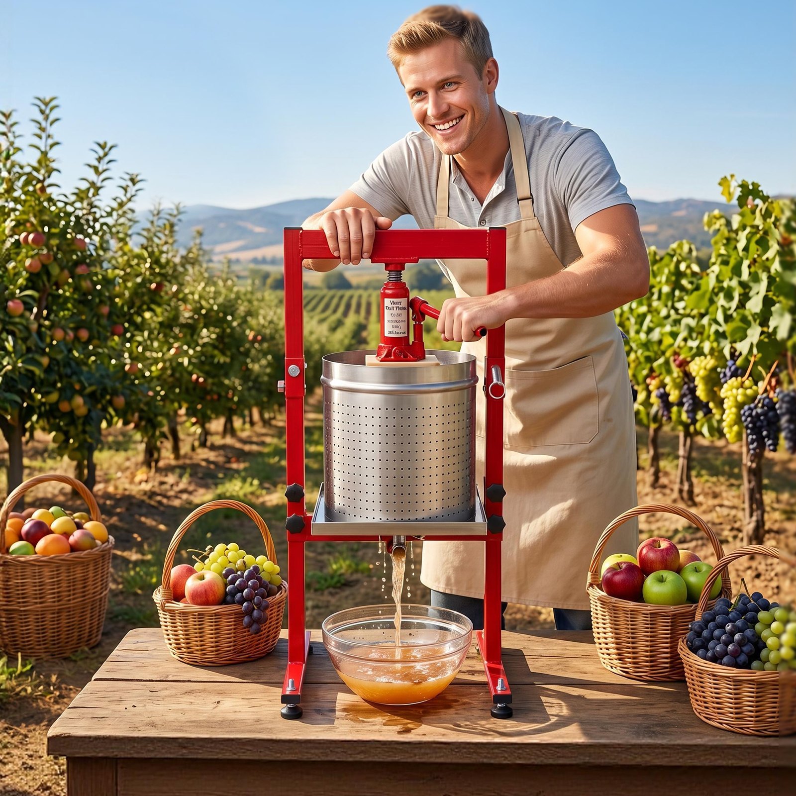 VEVOR Prensa Hidráulica de Frutas Capacidad de 30 L, Exprimidor Manual de Verduras de Acero Inoxidable, Prensa de Vino con 2 Bolsas de Filtro, Placa de Prensado, para Hacer Zumo de Sidras, Uvas