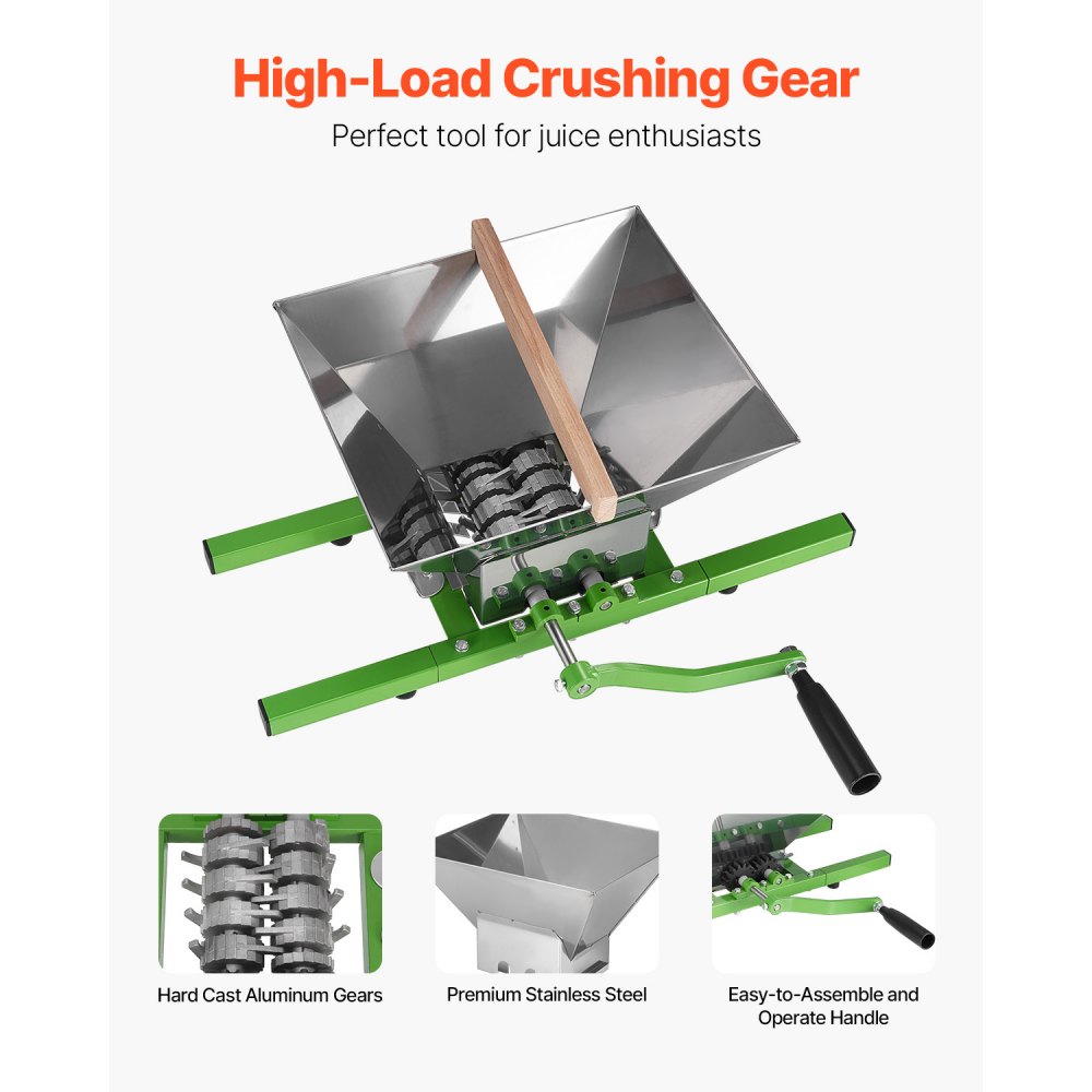 VEVOR 7L Fruit Mill, Apple Mill, Large Manual Mill, Stainless Steel Apple Press for Wine and Cider, Manual Grinder, Hand Mill with Roller Handle for Kitchen and Home, Green