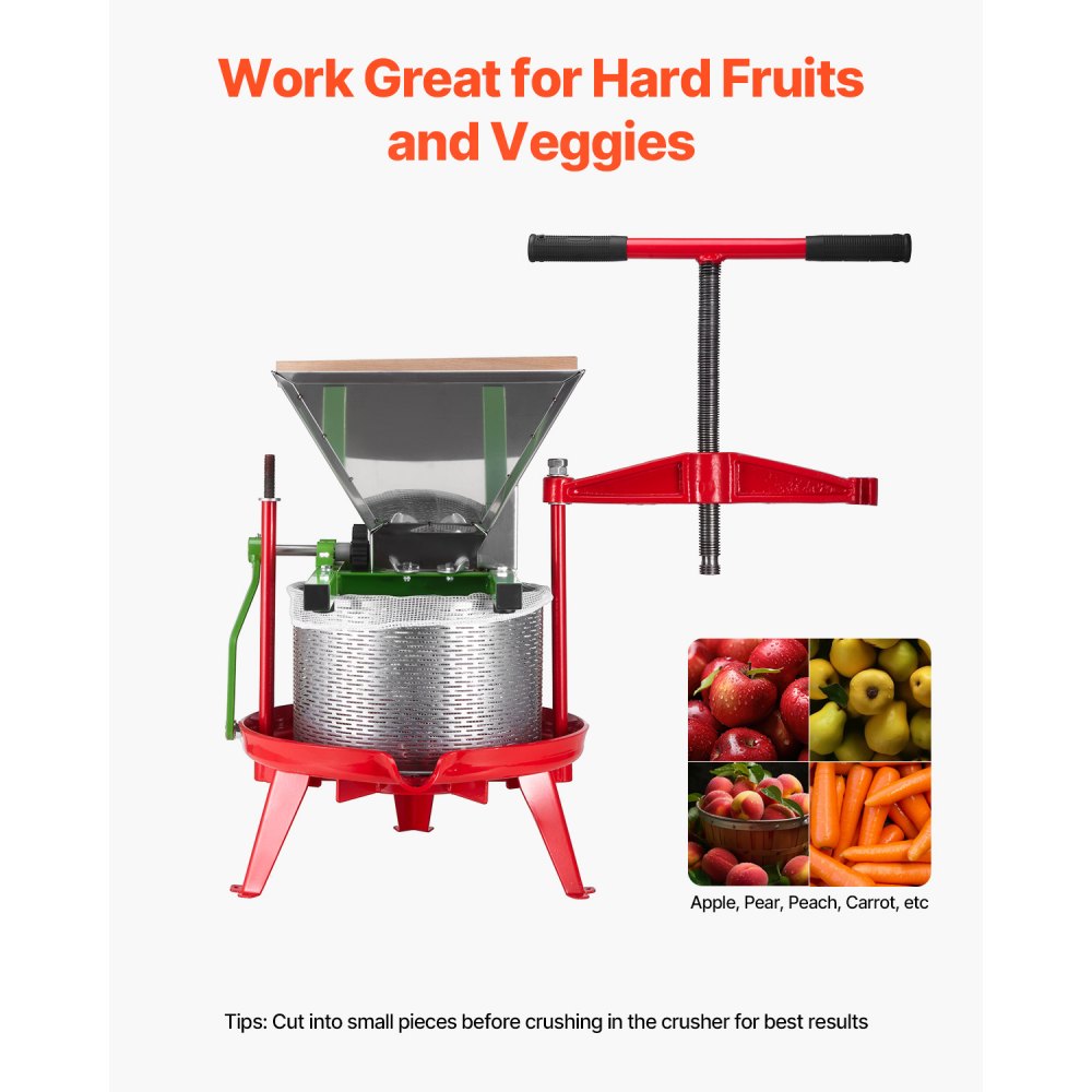 VEVOR 7L Fruit Mill, Apple Mill, Large Manual Mill, Stainless Steel Apple Press for Wine and Cider, Manual Grinder, Hand Mill with Roller Handle for Kitchen and Home, Green