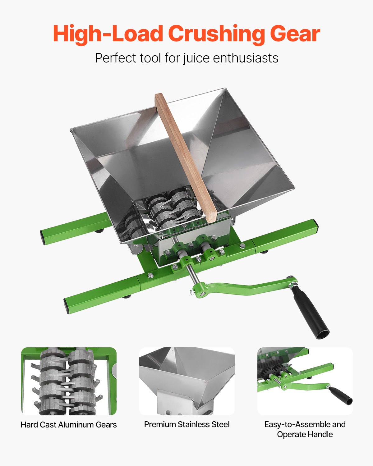 VEVOR 7L Fruit Mill, Apple Mill, Large Manual Mill, Stainless Steel Apple Press for Wine and Cider, Manual Grinder, Hand Mill with Roller Handle for Kitchen and Home, Green