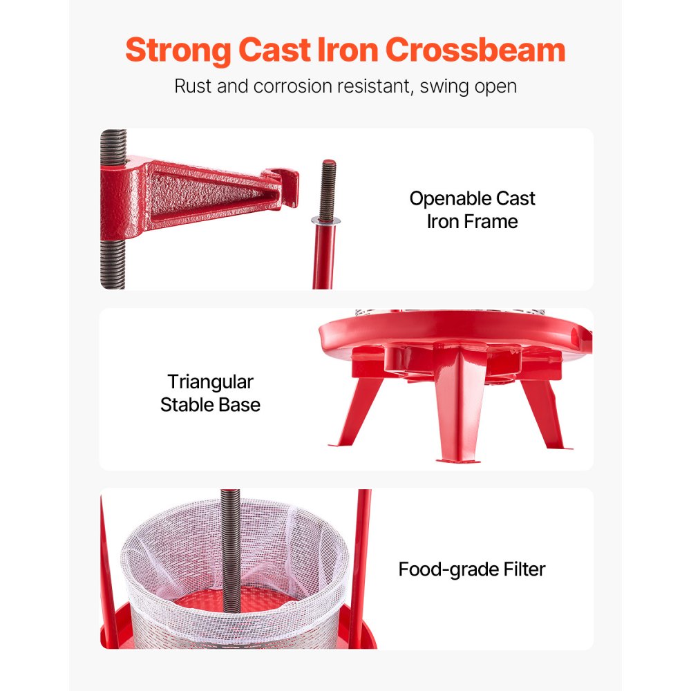 VEVOR Fruit Wine Press, Fruit Mill, Apple Mill (9 L), Stainless Steel Basket with Triangular Structure, Manual Juicer, Manual Grinder, Apple Wine Press, Grape Press with T-Handle for Kitchen and Home