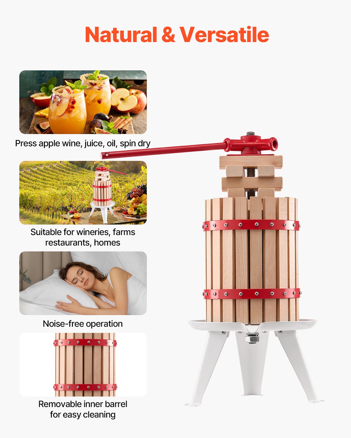 VEVOR Fruit Wine Press, Fruit Mill (6 L) with Solid Wood Basket and 8 Blocks, Robust Manual Juicer, Apple Wine Press, Grape Press, Olive Oil Press with Handle, Juice Press for Kitchen