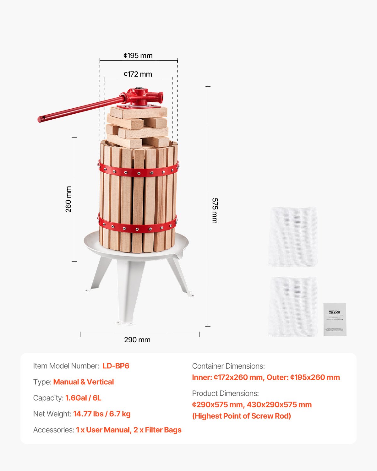 VEVOR Fruit Wine Press, Fruit Mill (6 L) with Solid Wood Basket and 8 Blocks, Robust Manual Juicer, Apple Wine Press, Grape Press, Olive Oil Press with Handle, Juice Press for Kitchen