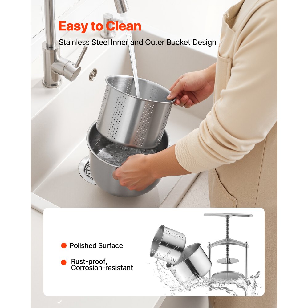 VEVOR Prensa de Frutas y Vino Capacidad de 3 L, Exprimidor Manual de Acero Inoxidable, Prensa de Vino con Mango en Forma de T, 2 Bolsas de Filtro, Placa de Prensado, para Hacer Zumo de Sidra, Manzana